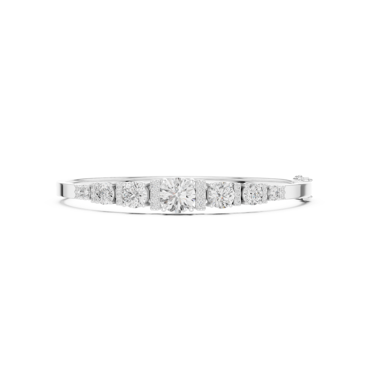 White gold bangle with 7 round diamonds in a graduated row.