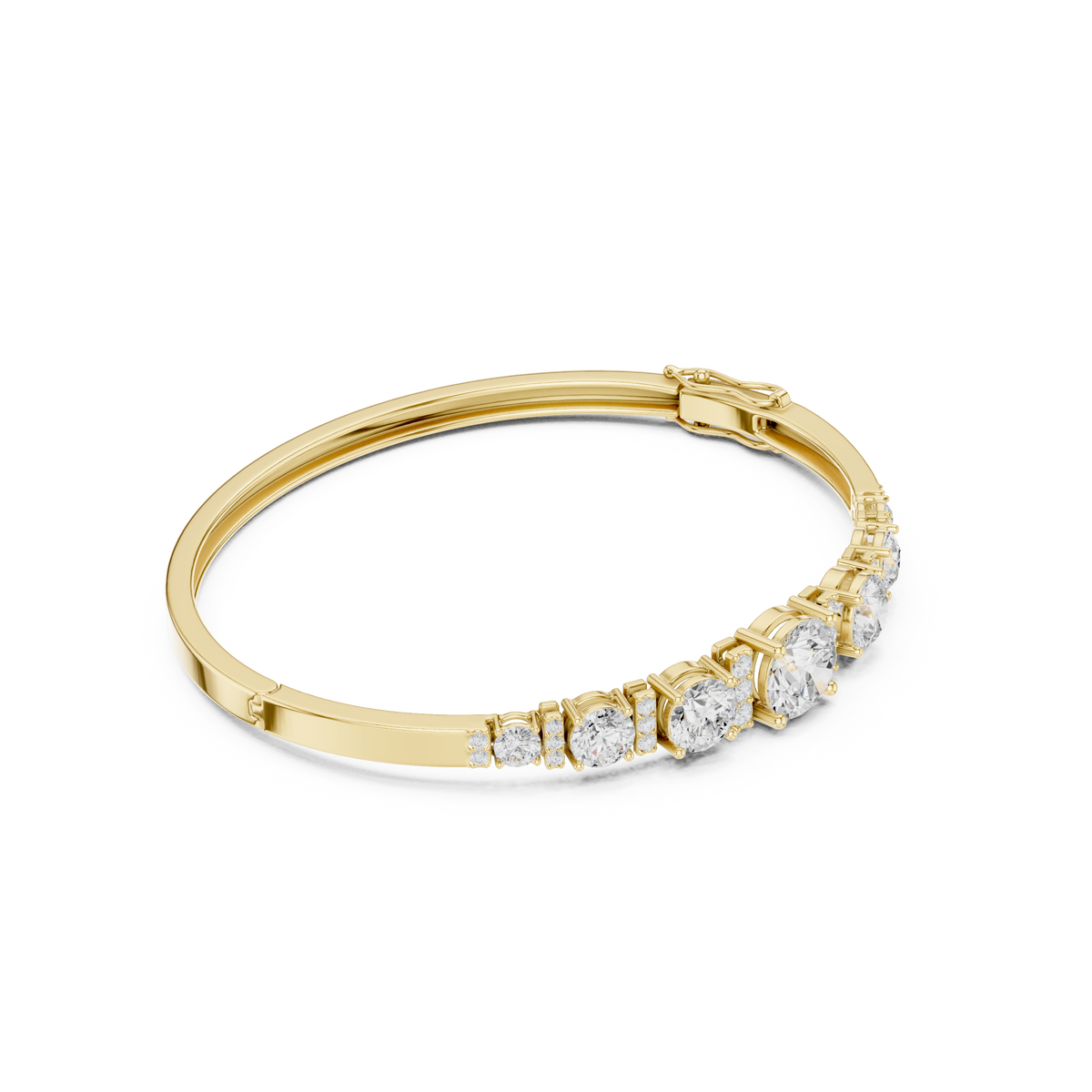 Yellow gold diamond bangle with 7 round graduated stones, side view.