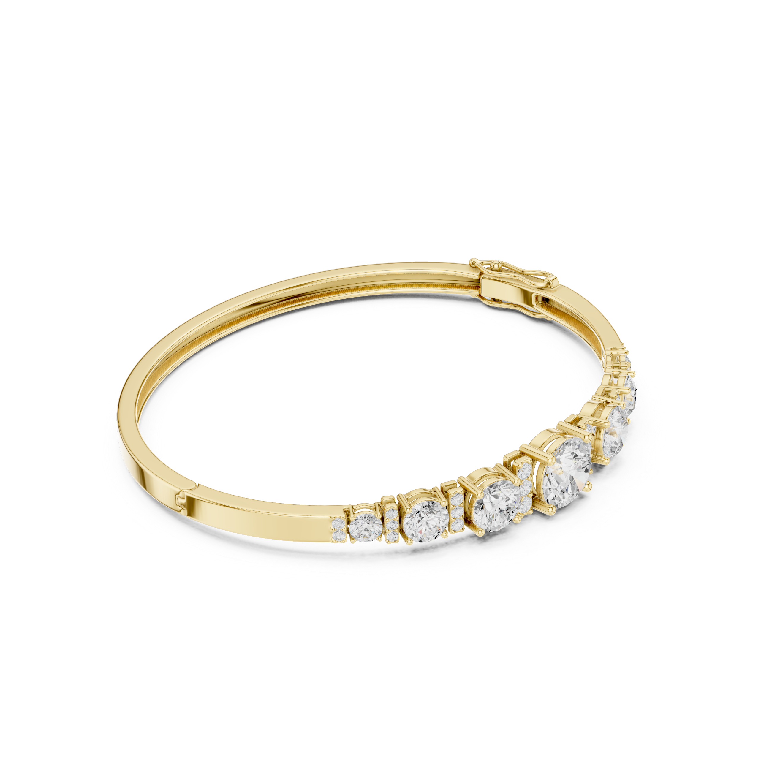 Yellow gold diamond bangle with graduated round stones and hinged clasp detail