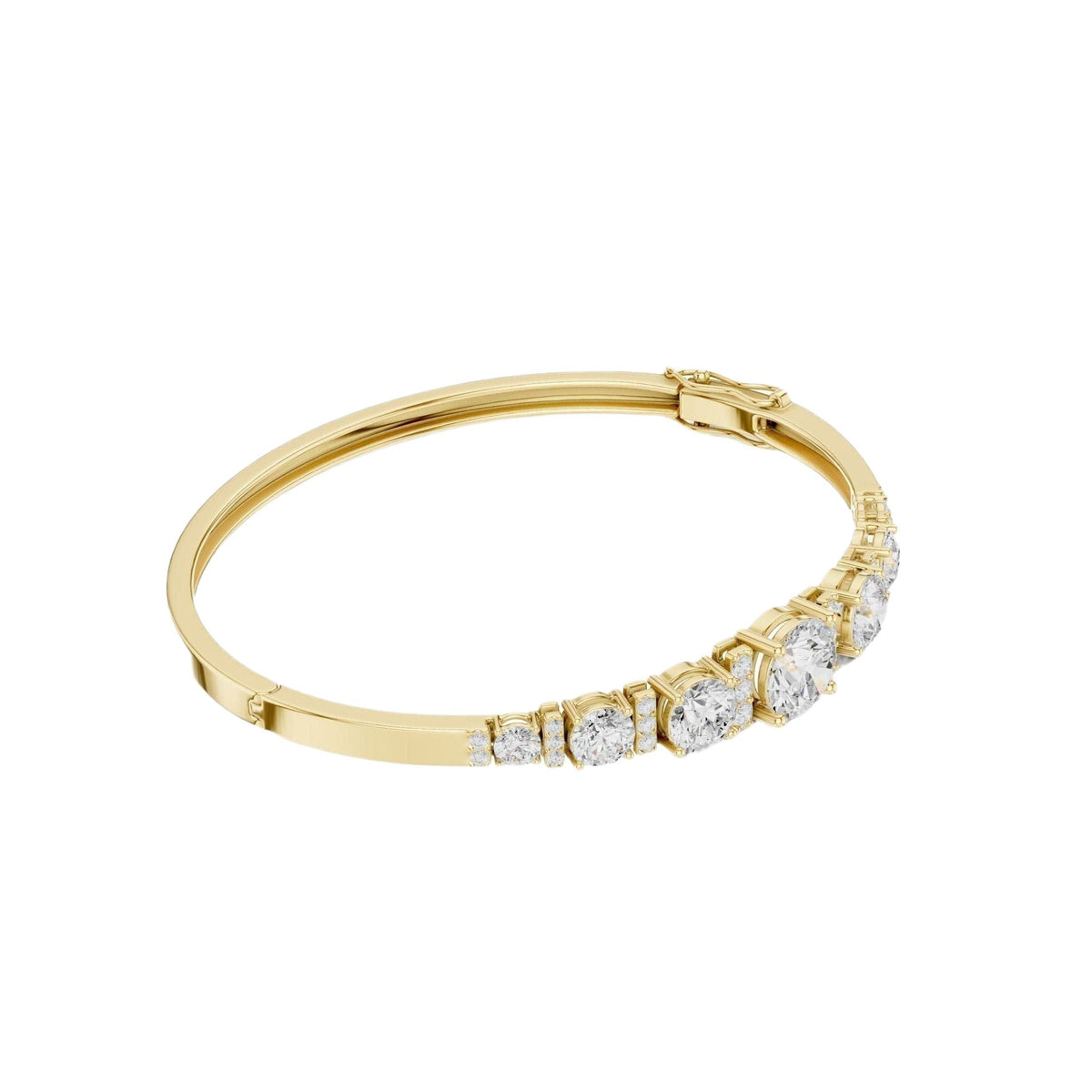 Yellow gold diamond bangle with 7 round graduated stones, side view.