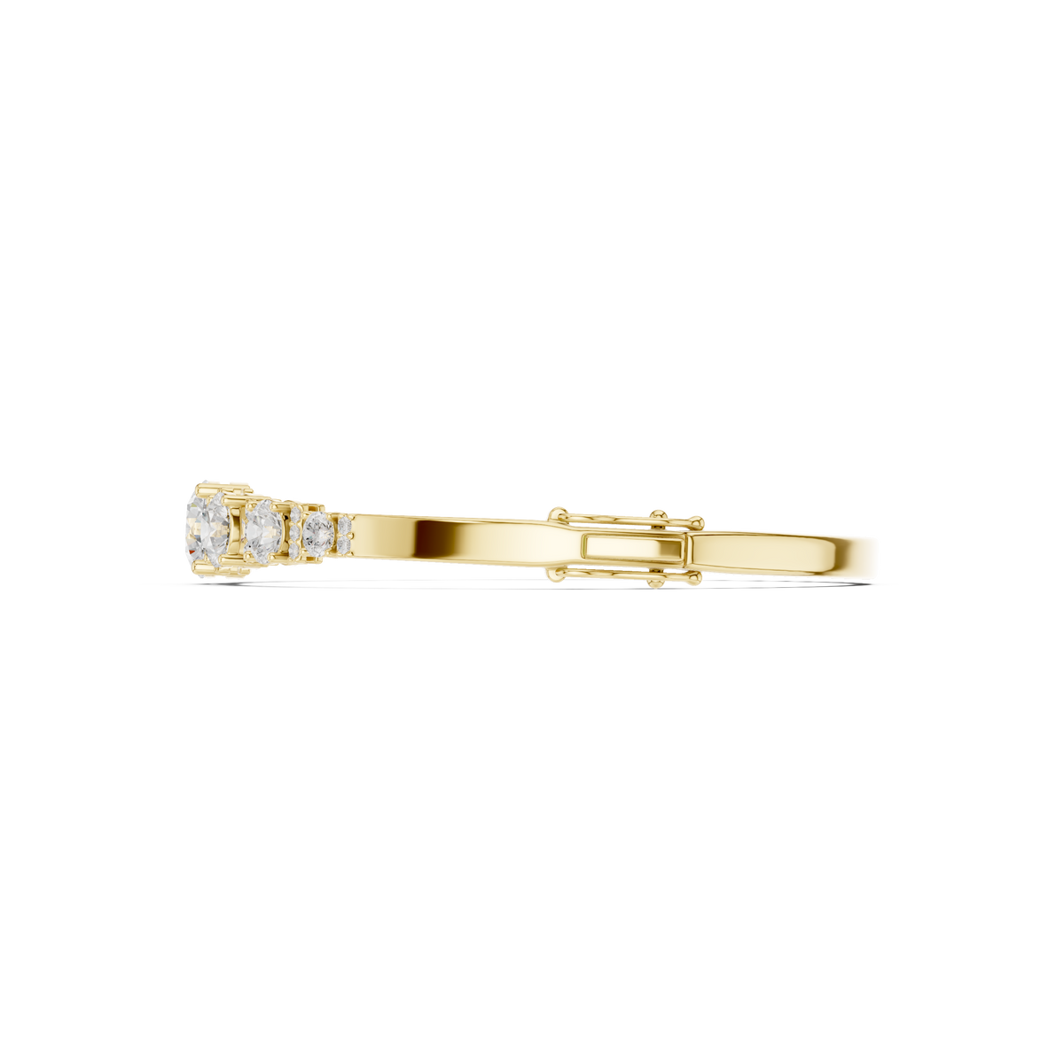 Yellow gold diamond bangle with 7 round graduated stones, hinged clasp.