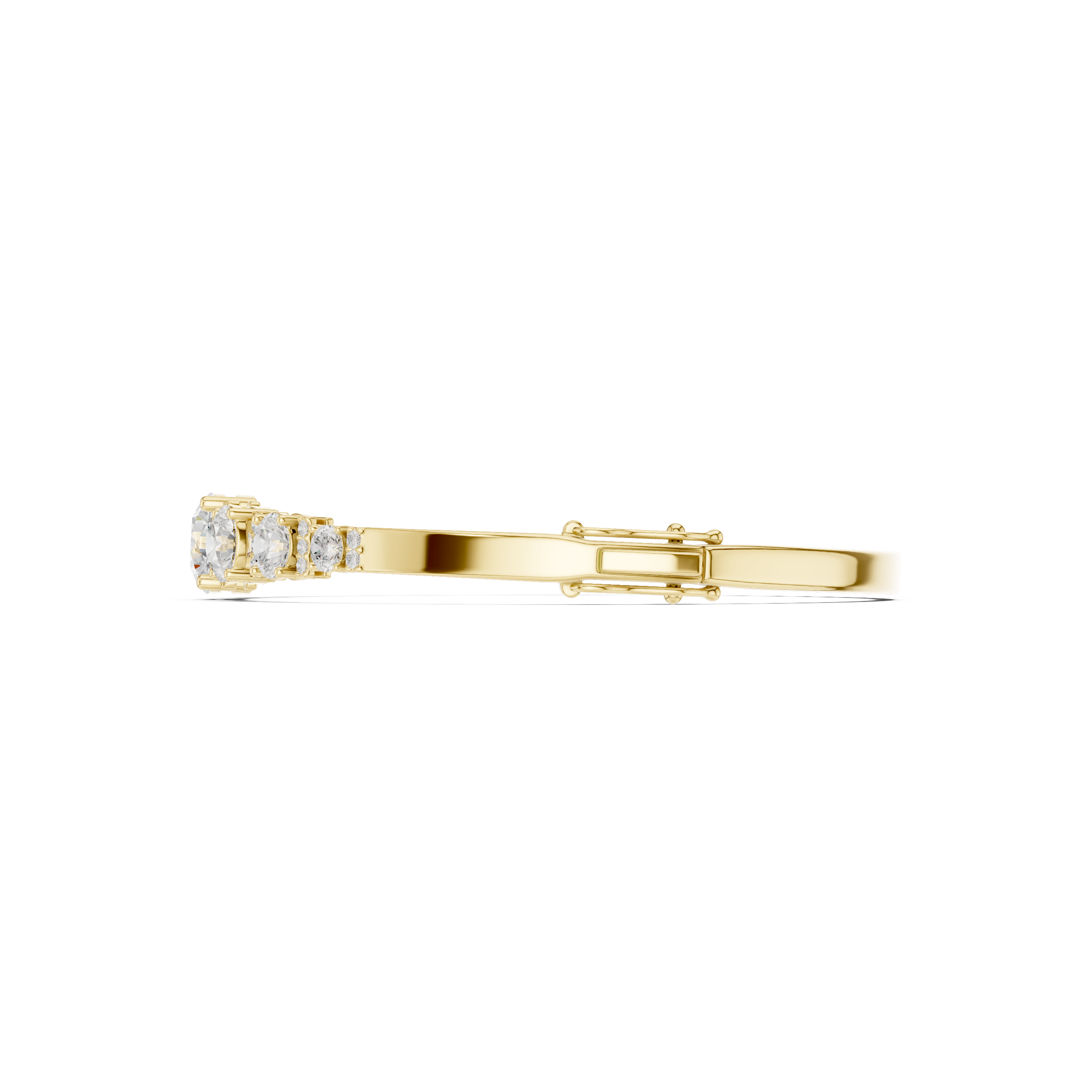 Side view yellow gold graduated diamond bangle with seven round stones