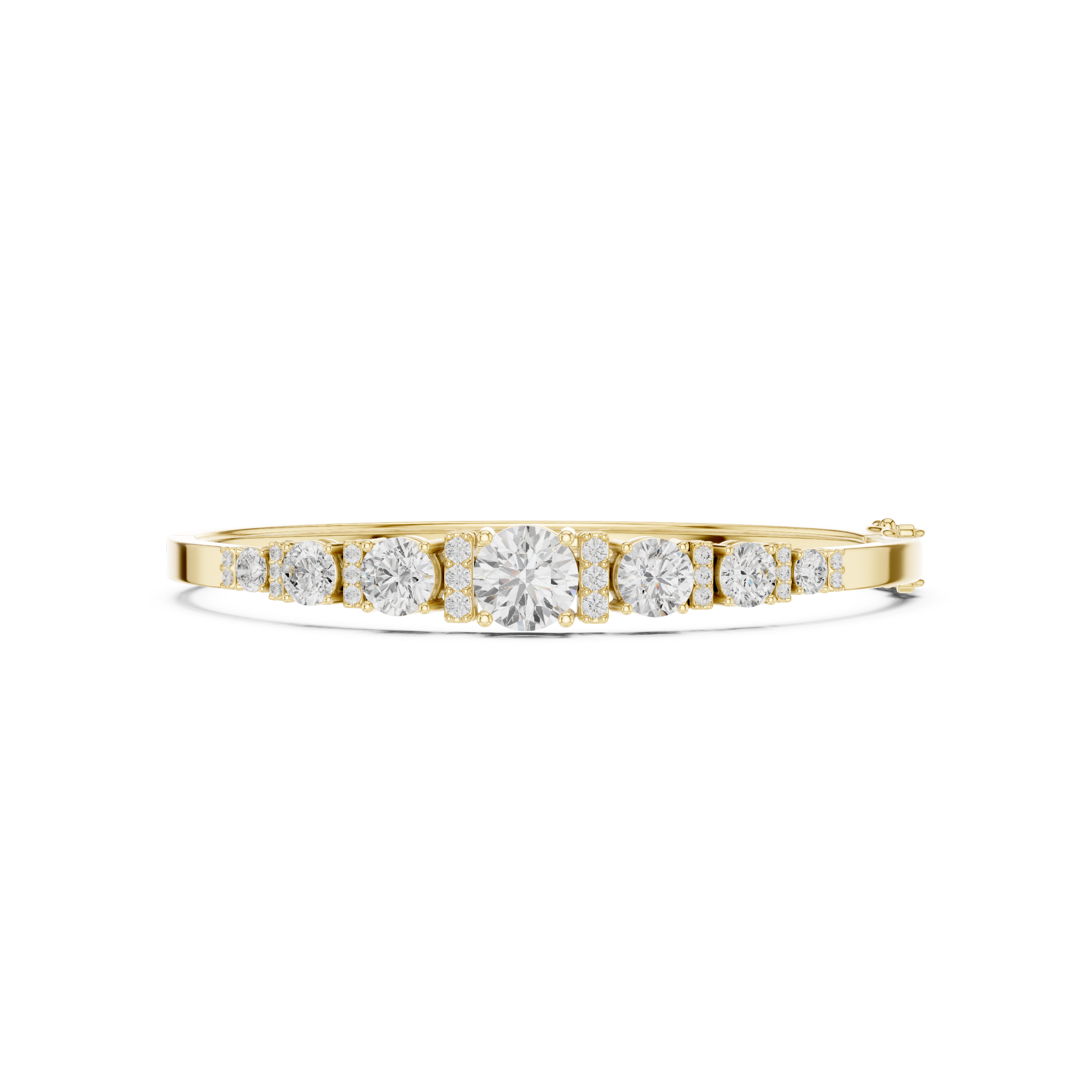 Yellow gold diamond bangle with 7 round graduated stones in a row.