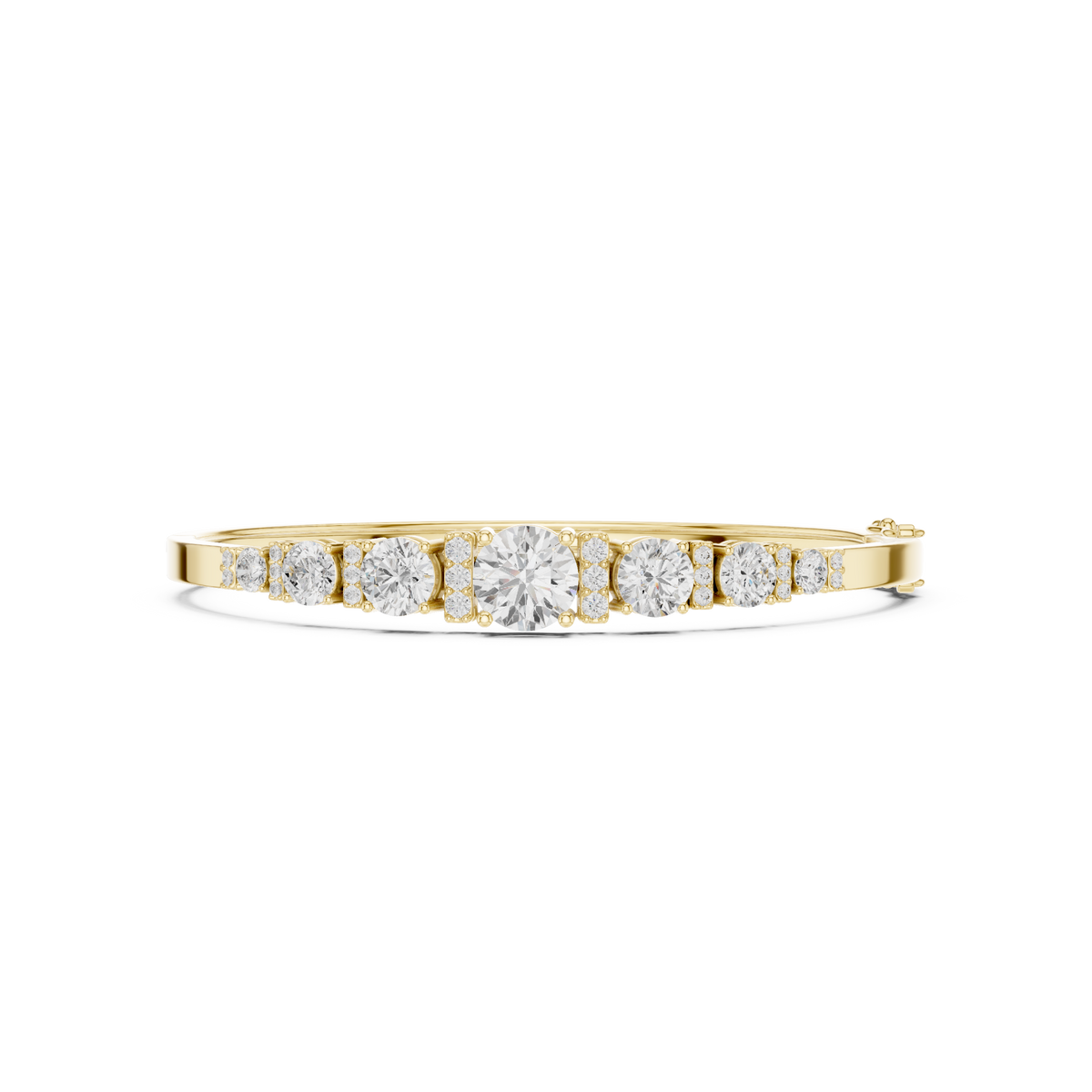 Yellow gold diamond bangle with 7 round graduated stones in a row.