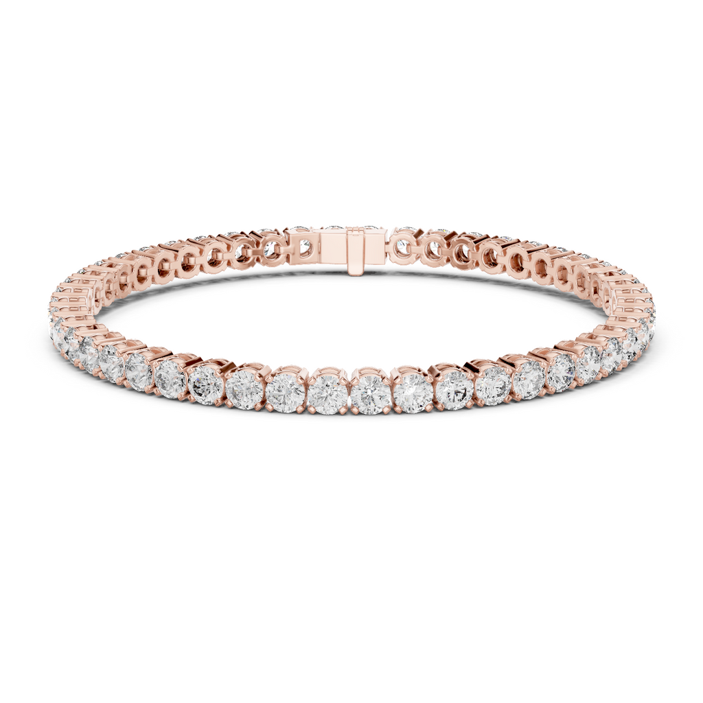 Two-row diamond tennis bracelet in rose gold with round stones and center box clasp.