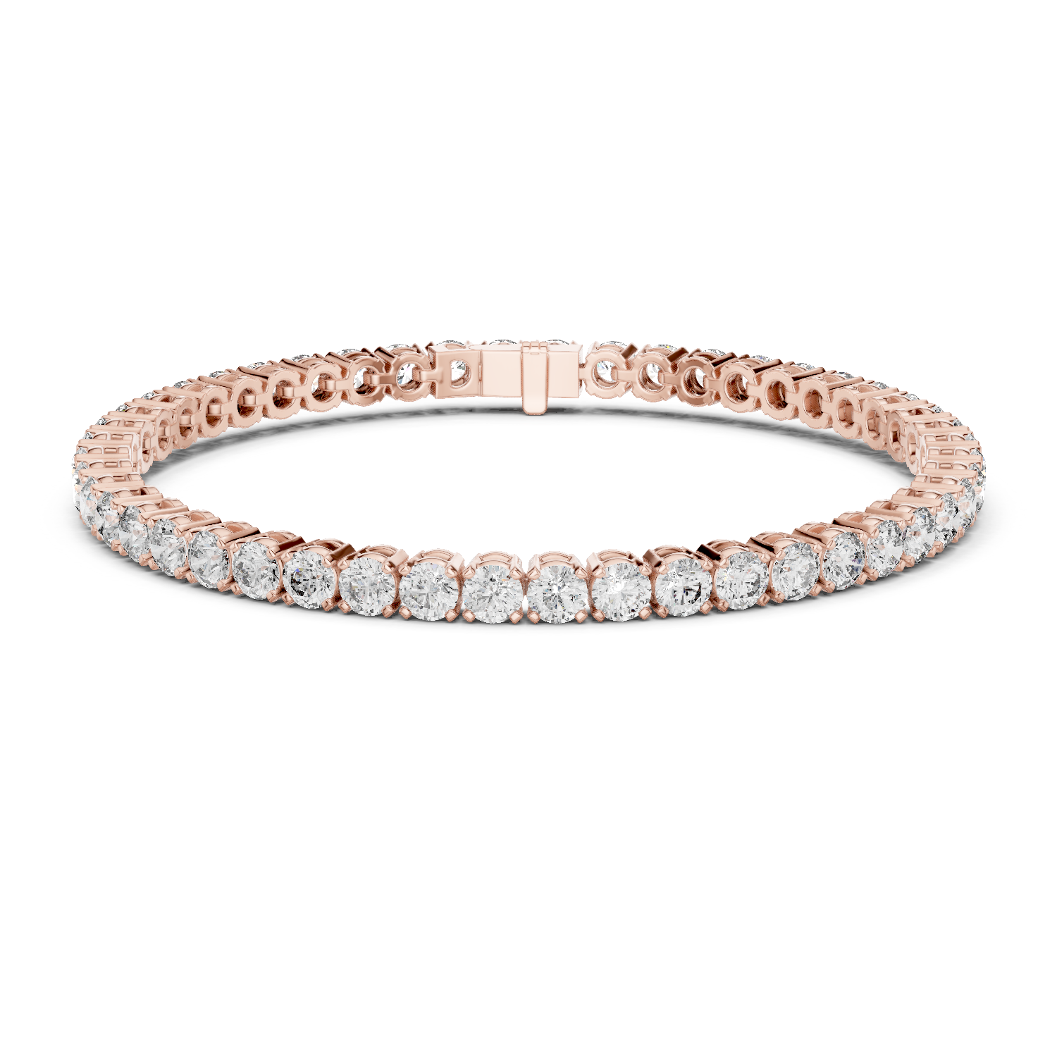 Two-row diamond tennis bracelet in rose gold with round stones and center box clasp.
