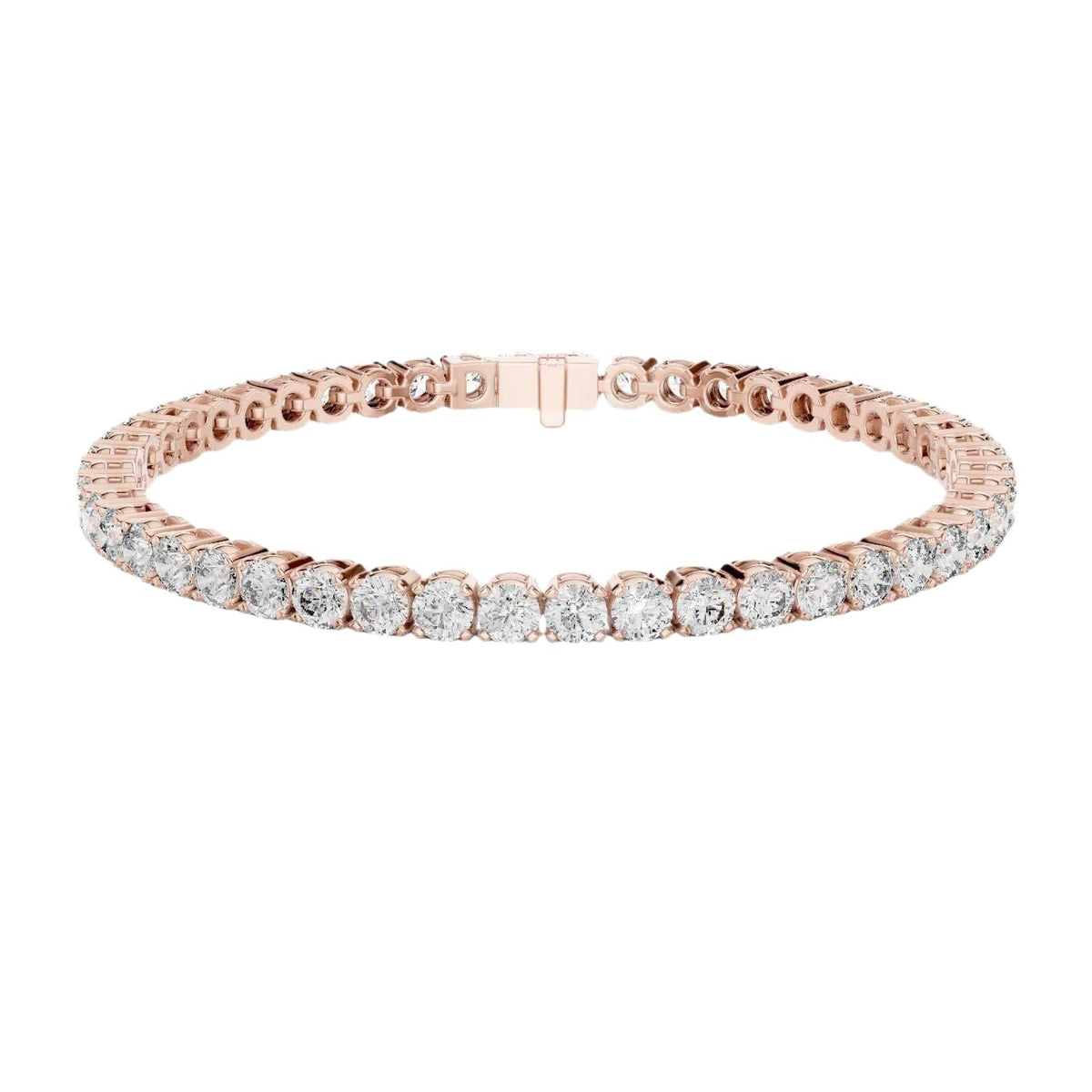 Two-row diamond tennis bracelet in rose gold with round stones and center box clasp.