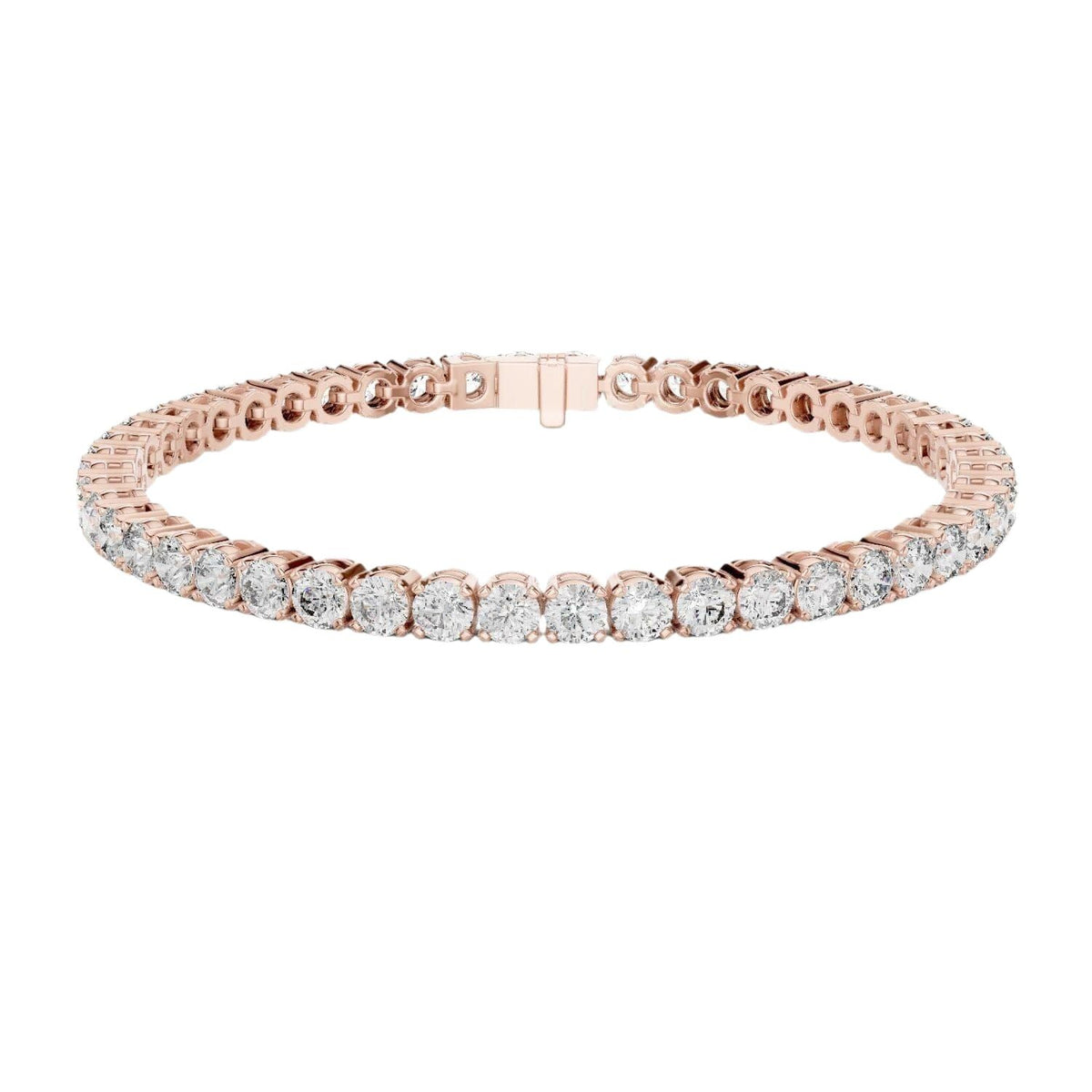 Two-row diamond tennis bracelet in rose gold with round stones and center box clasp.