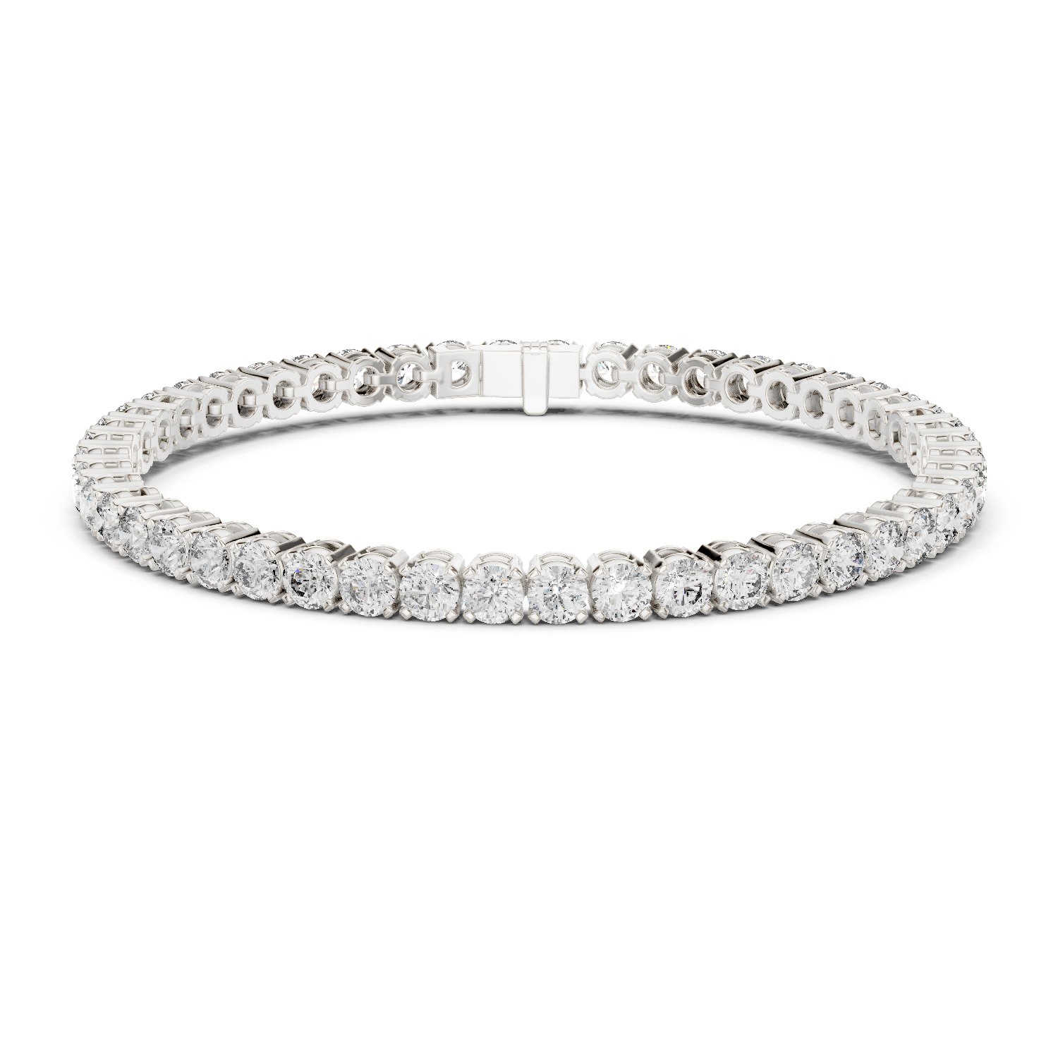 Two-row diamond tennis bracelet in white gold with round stones and center box clasp.