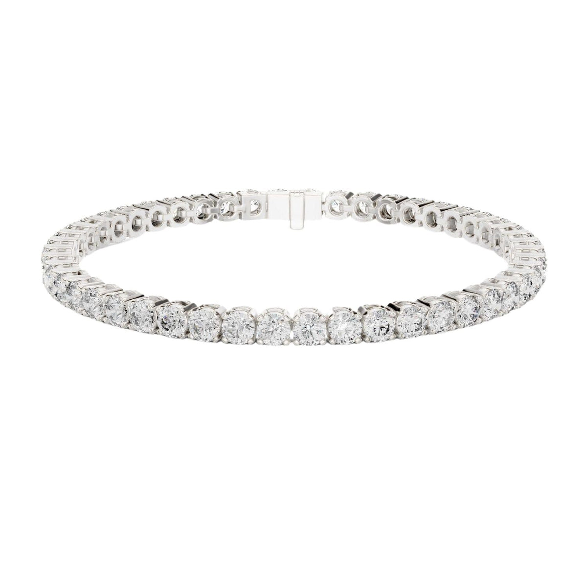 Two-row diamond tennis bracelet in white gold with round stones and center box clasp.