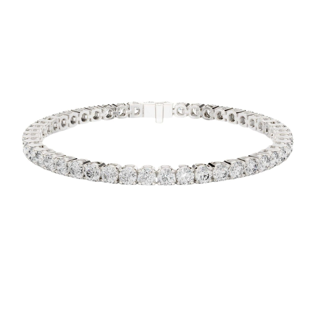 Two-row diamond tennis bracelet in white gold with round stones and center box clasp.