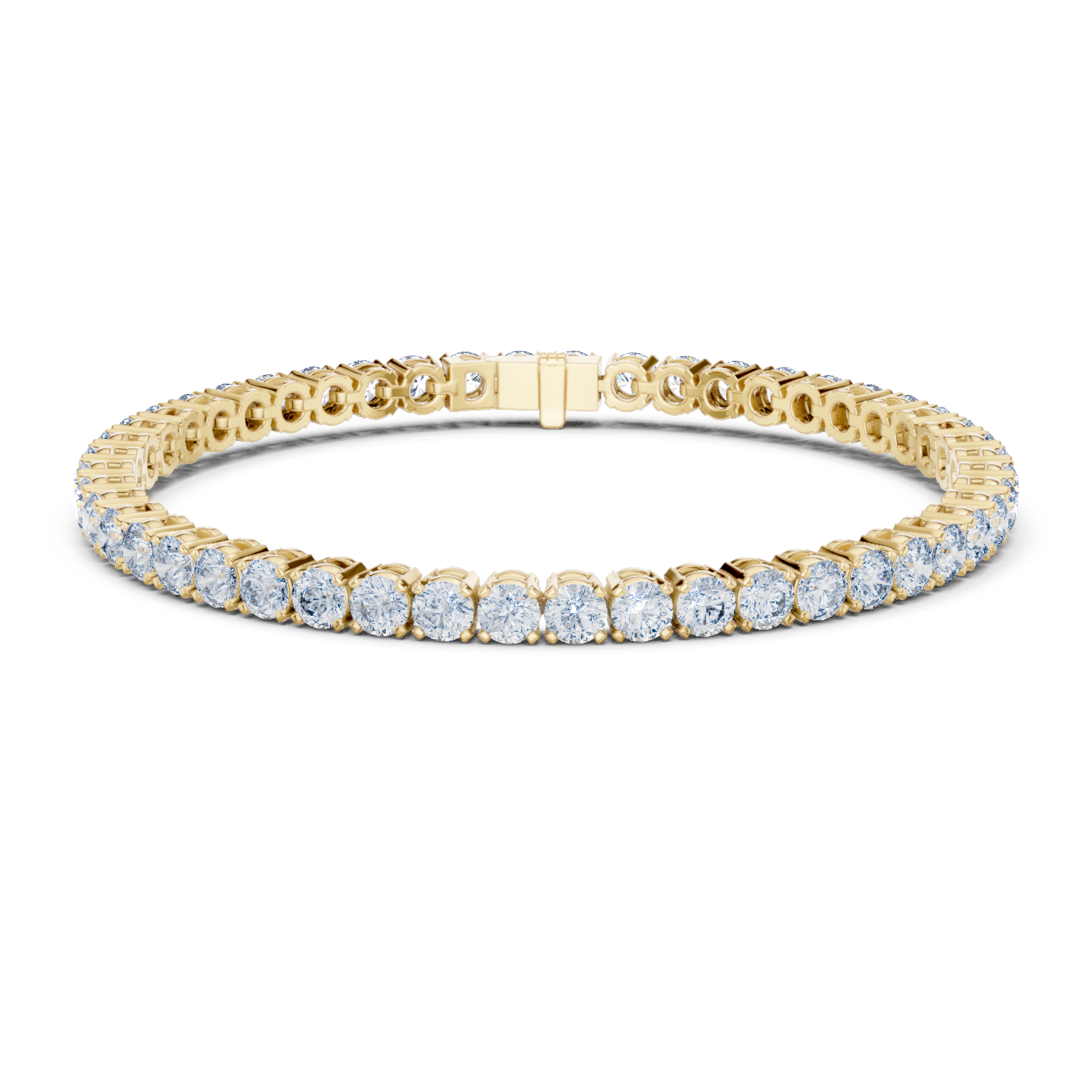 Two-row diamond tennis bracelet in yellow gold with round stones and center box clasp.
