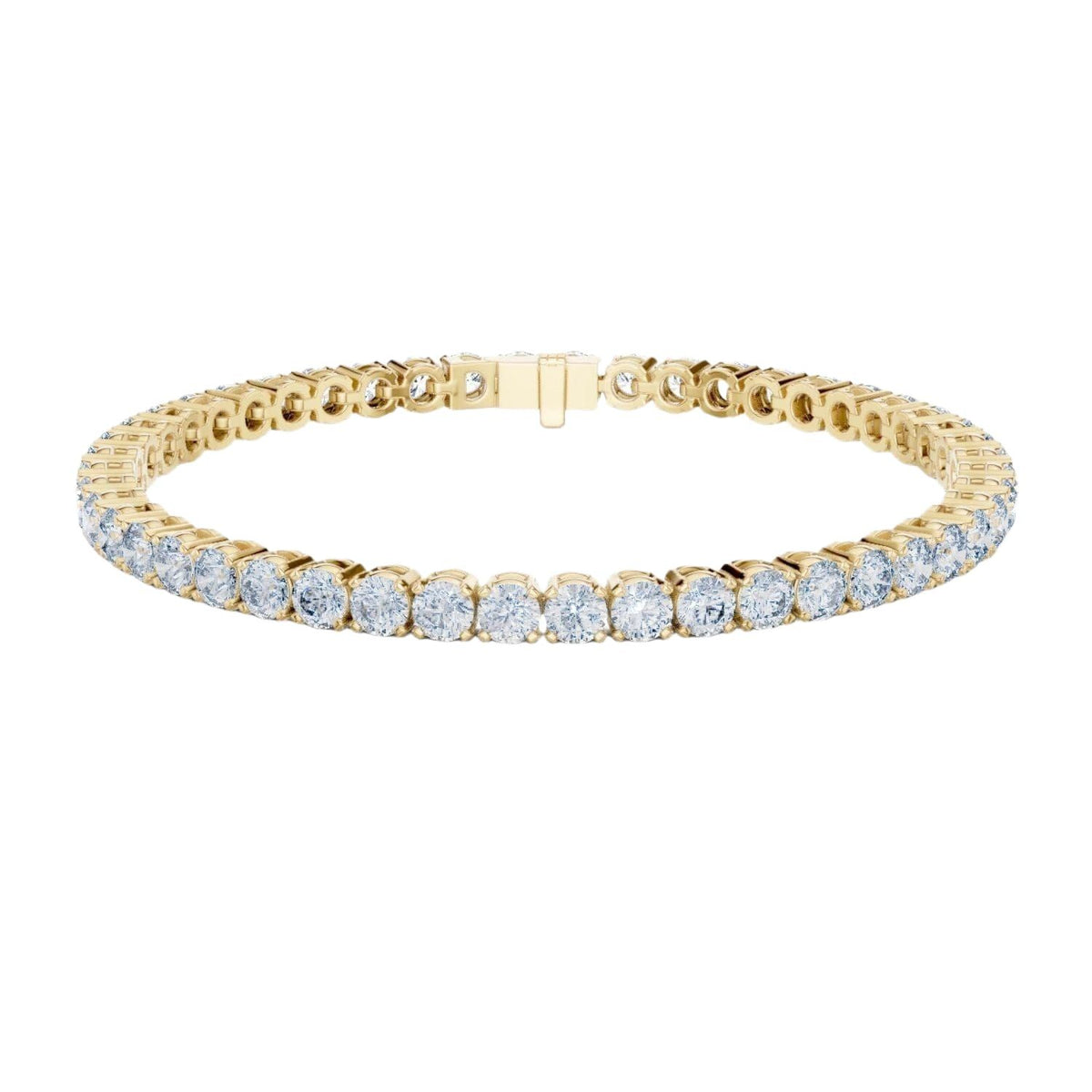 Two-row diamond tennis bracelet in yellow gold with round stones and center box clasp.
