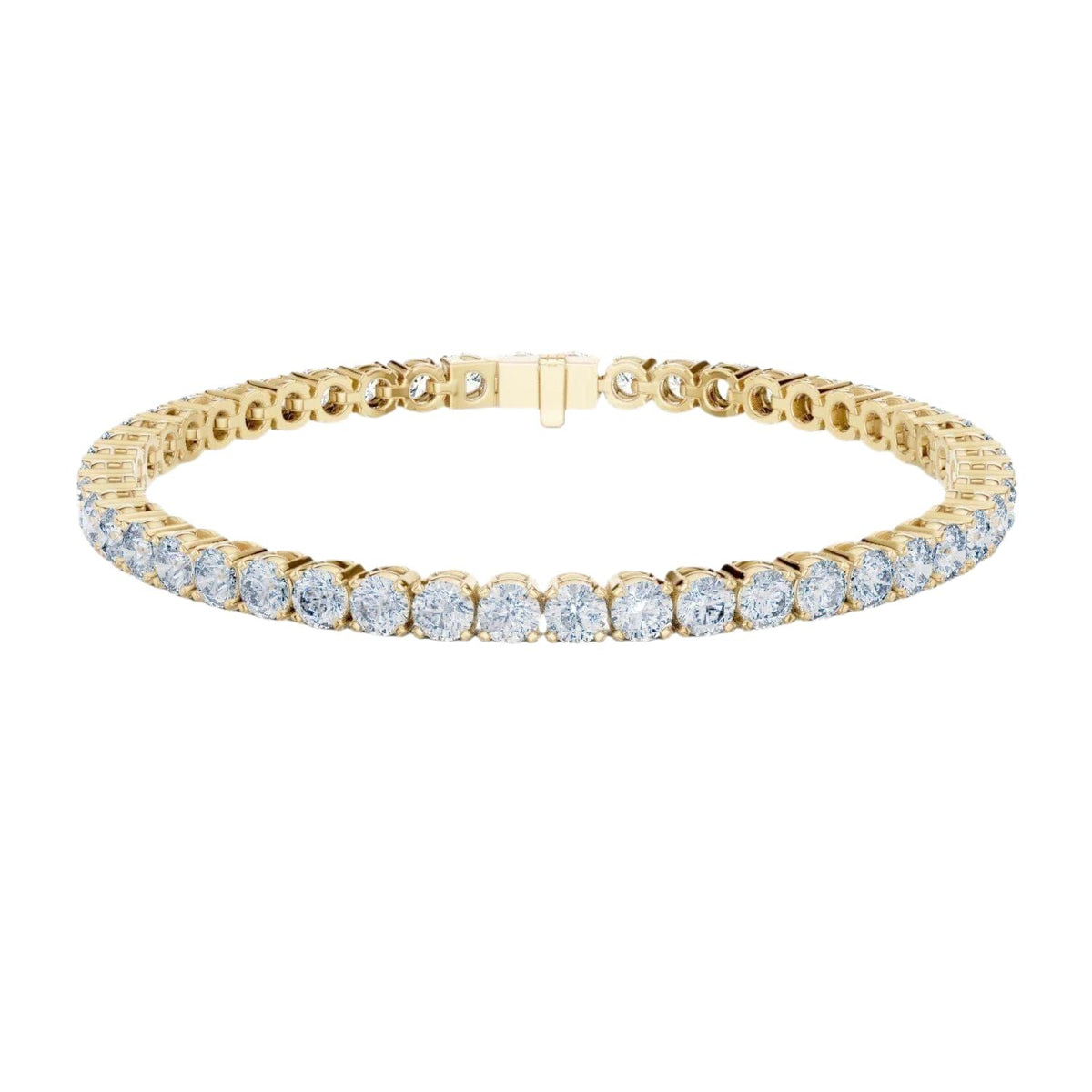 Two-row diamond tennis bracelet in yellow gold with round stones and center box clasp.