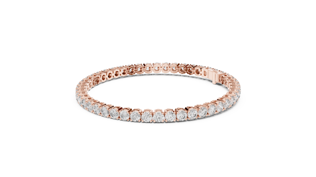 Two-row diamond tennis bracelet in rose gold with round stones, side profile view.