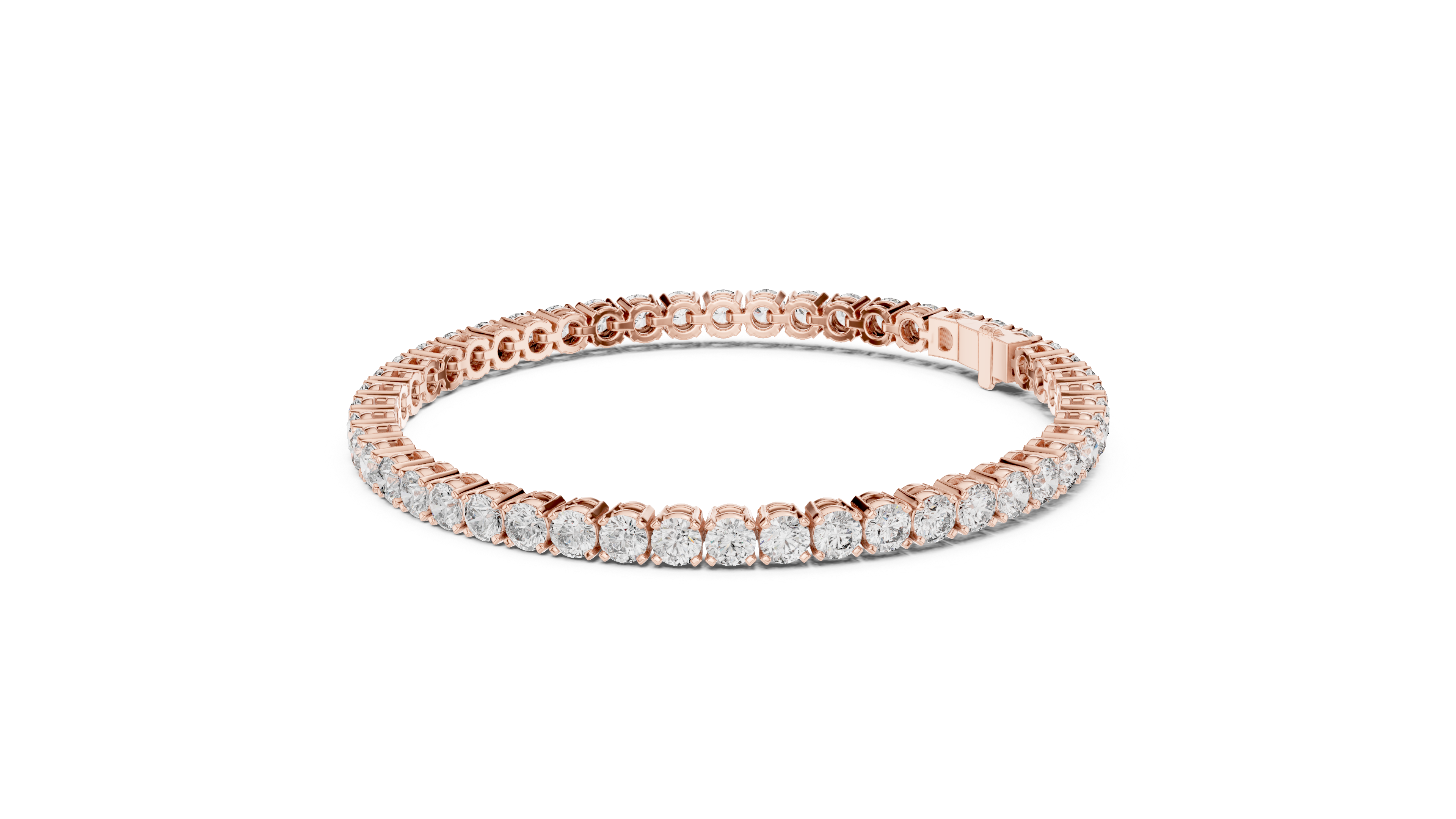 Two-row diamond tennis bracelet in rose gold with round stones, side profile view.