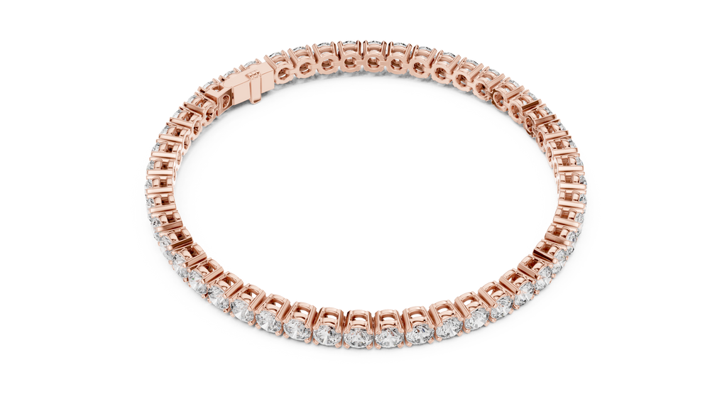 Two-row diamond tennis bracelet in rose gold with round stones, edge view.
