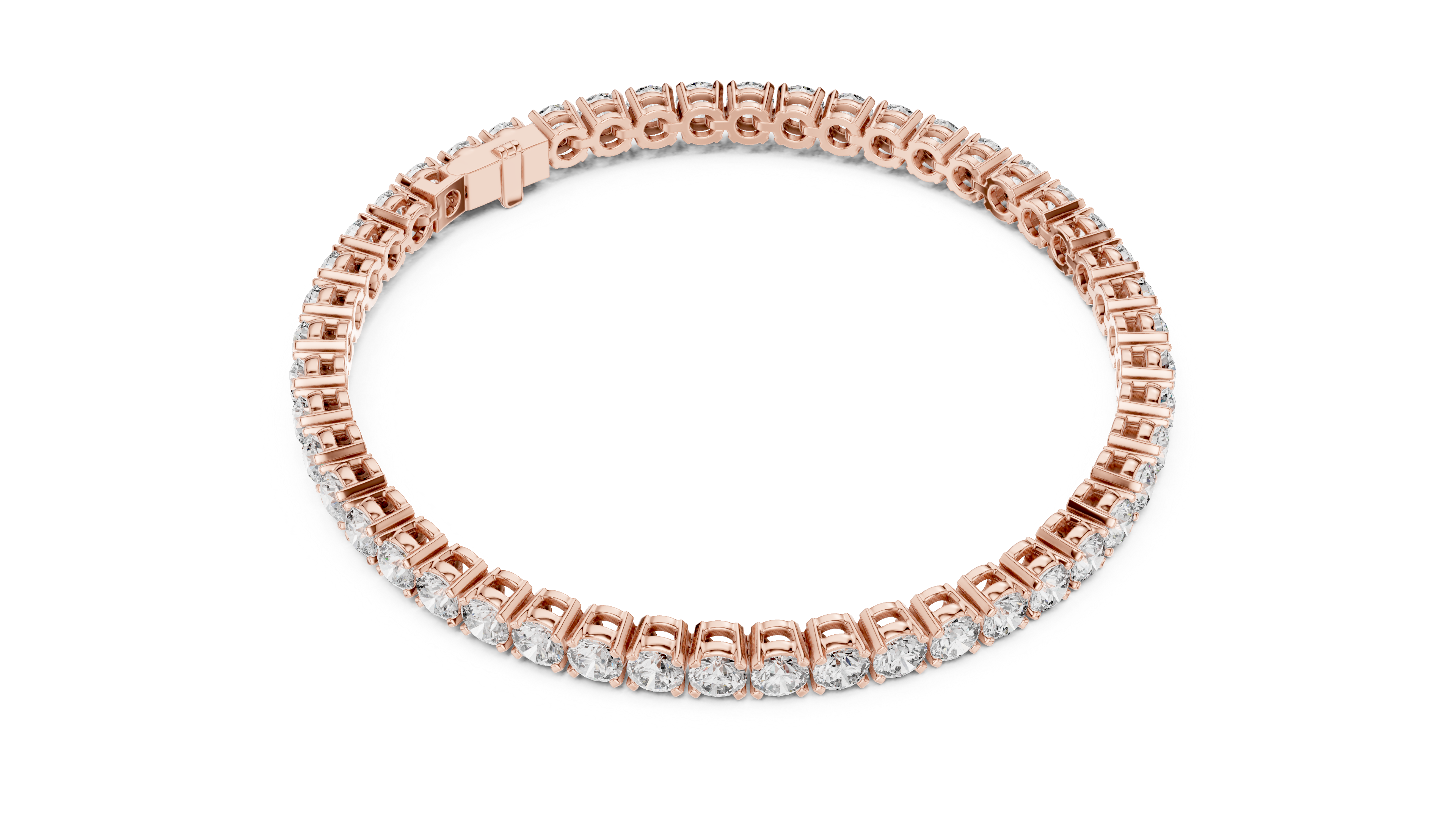 Two-row diamond tennis bracelet in rose gold with round stones, edge view.