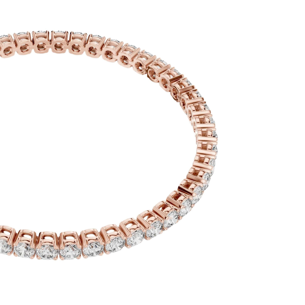 Two-row diamond tennis bracelet in rose gold with round stones, edge view.