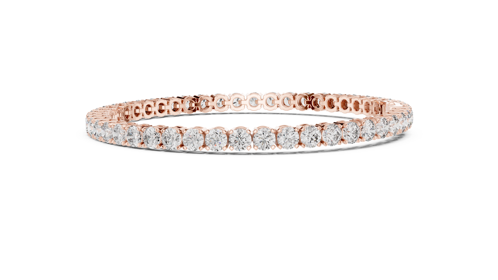 Two-row diamond tennis bracelet in rose gold and white diamonds, angled side view.