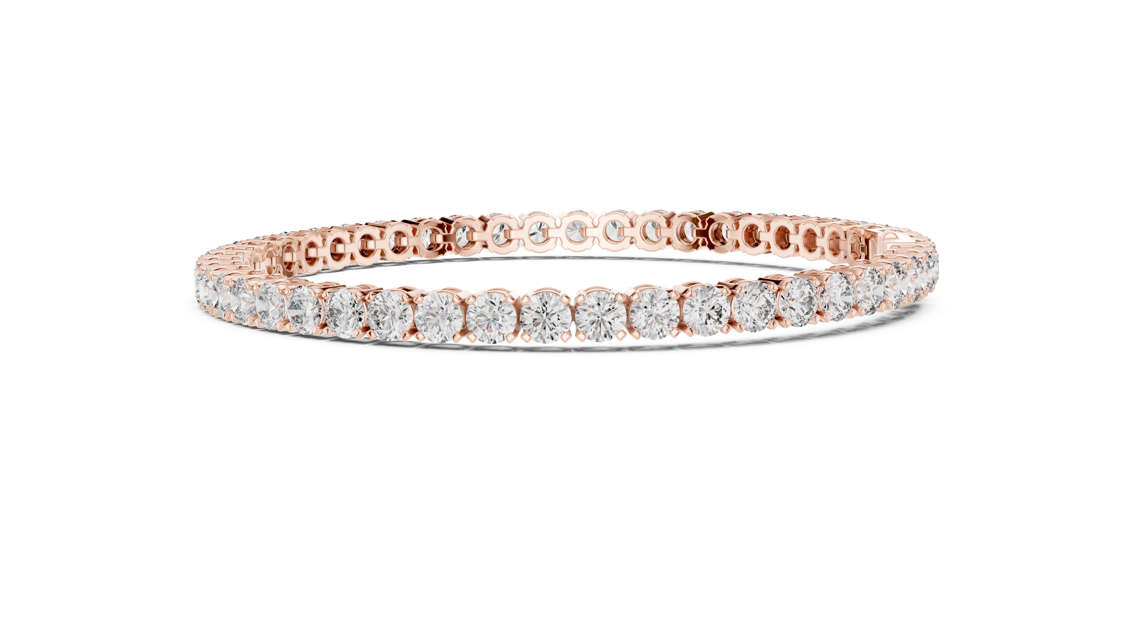 Two-row diamond tennis bracelet in rose gold and white diamonds, angled side view.