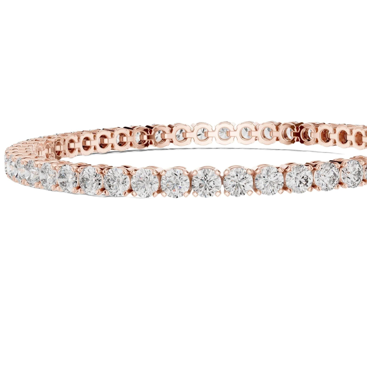 Diamond tennis bracelet with round diamonds, white metal, wide band, top view