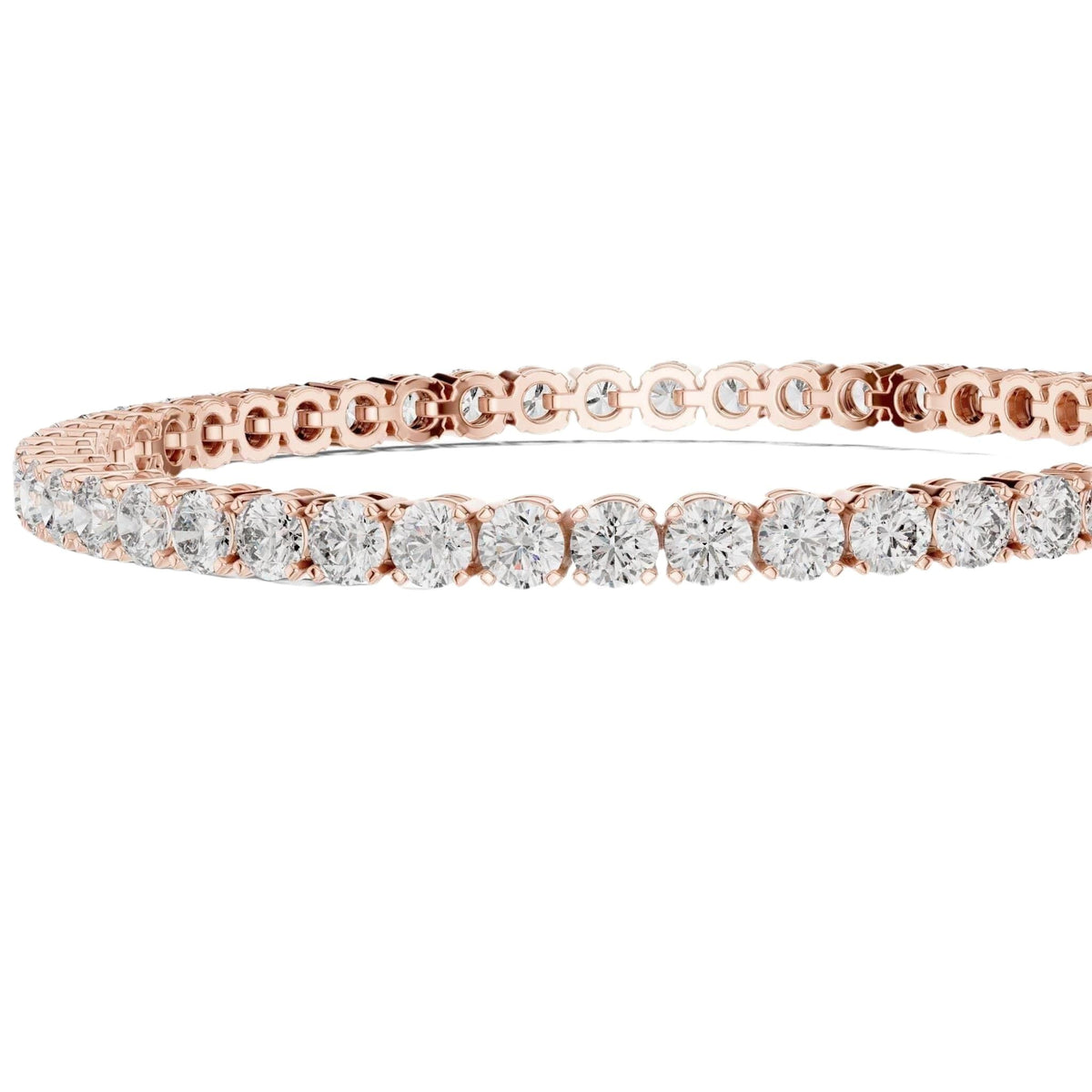 Diamond tennis bracelet with round diamonds, white metal, wide band, top view