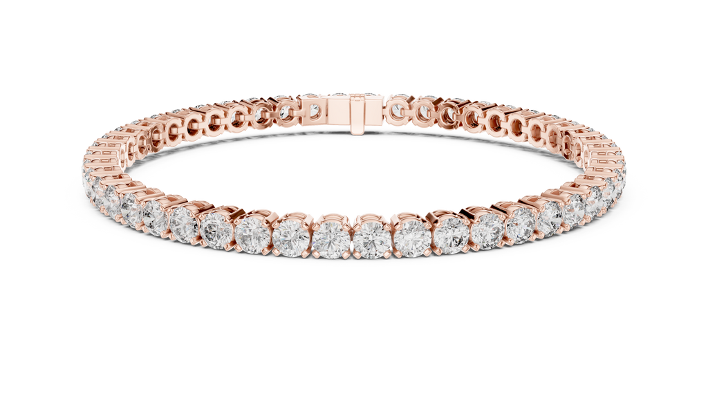 Two-row diamond tennis bracelet in rose gold with round stones, three-quarter view.