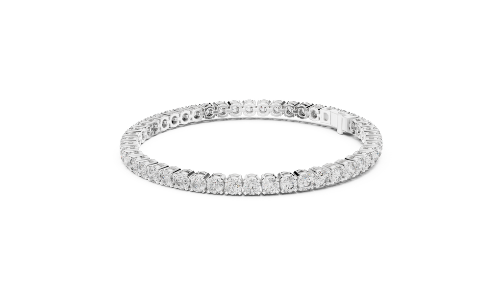 Two-row diamond tennis bracelet in rose gold with round stones, close side view.