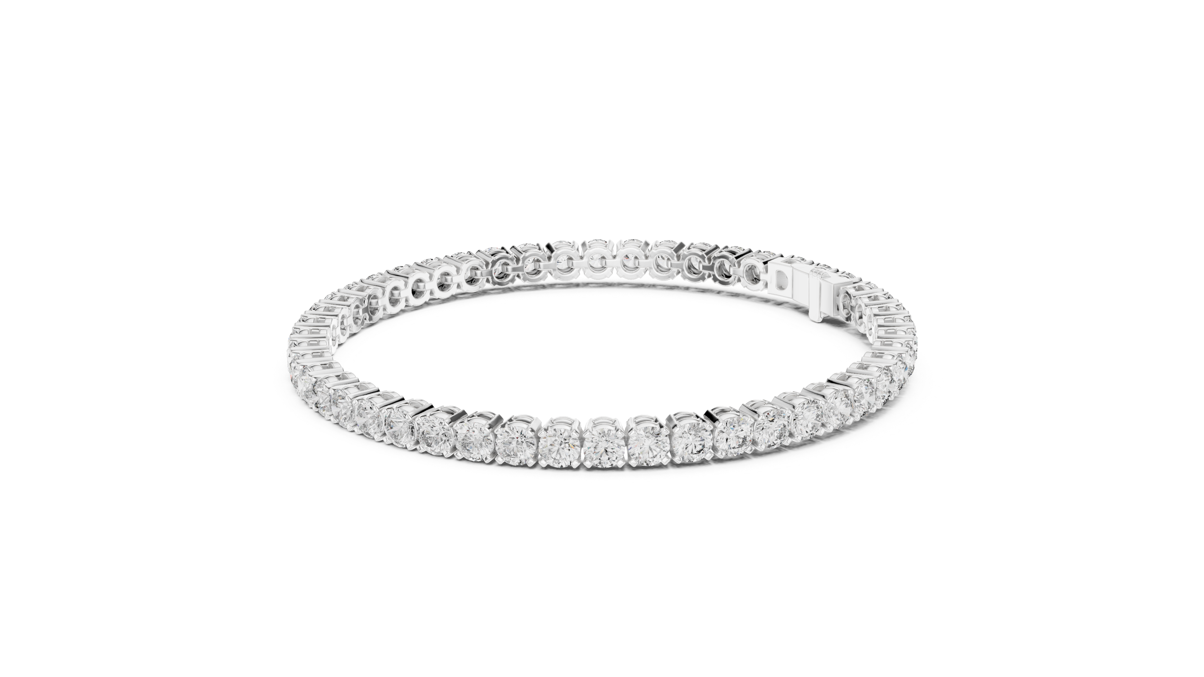 Two-row diamond tennis bracelet in rose gold with round stones, close side view.