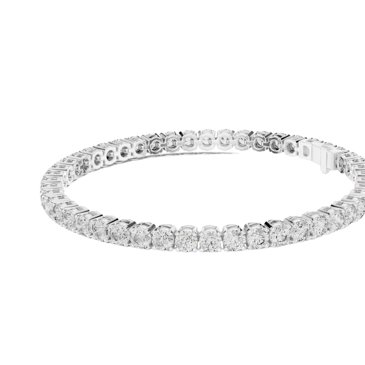 Diamond tennis bracelet with round diamonds, white metal, oval profile view