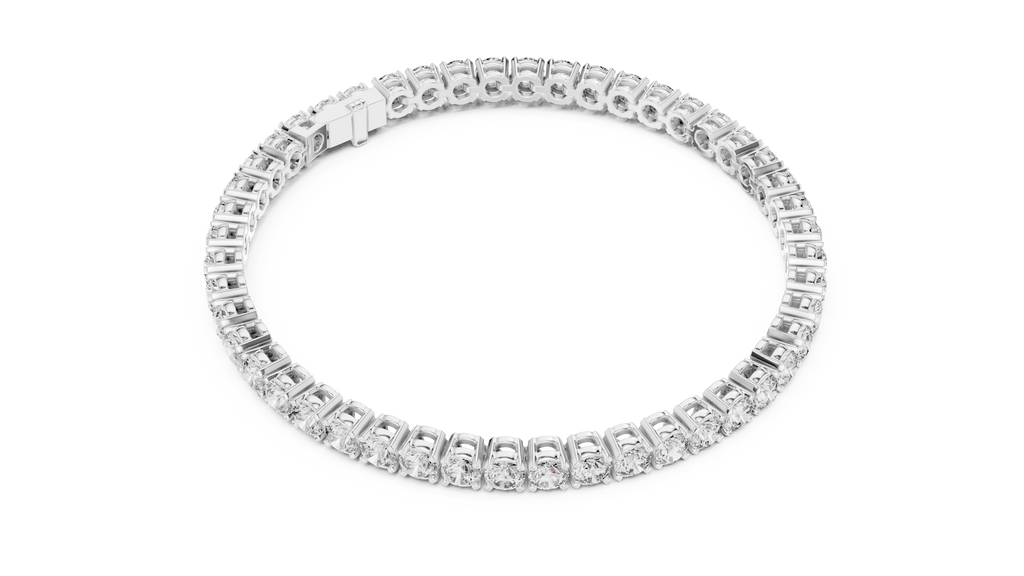 Two-row diamond tennis bracelet in white gold with round stones, edge view.