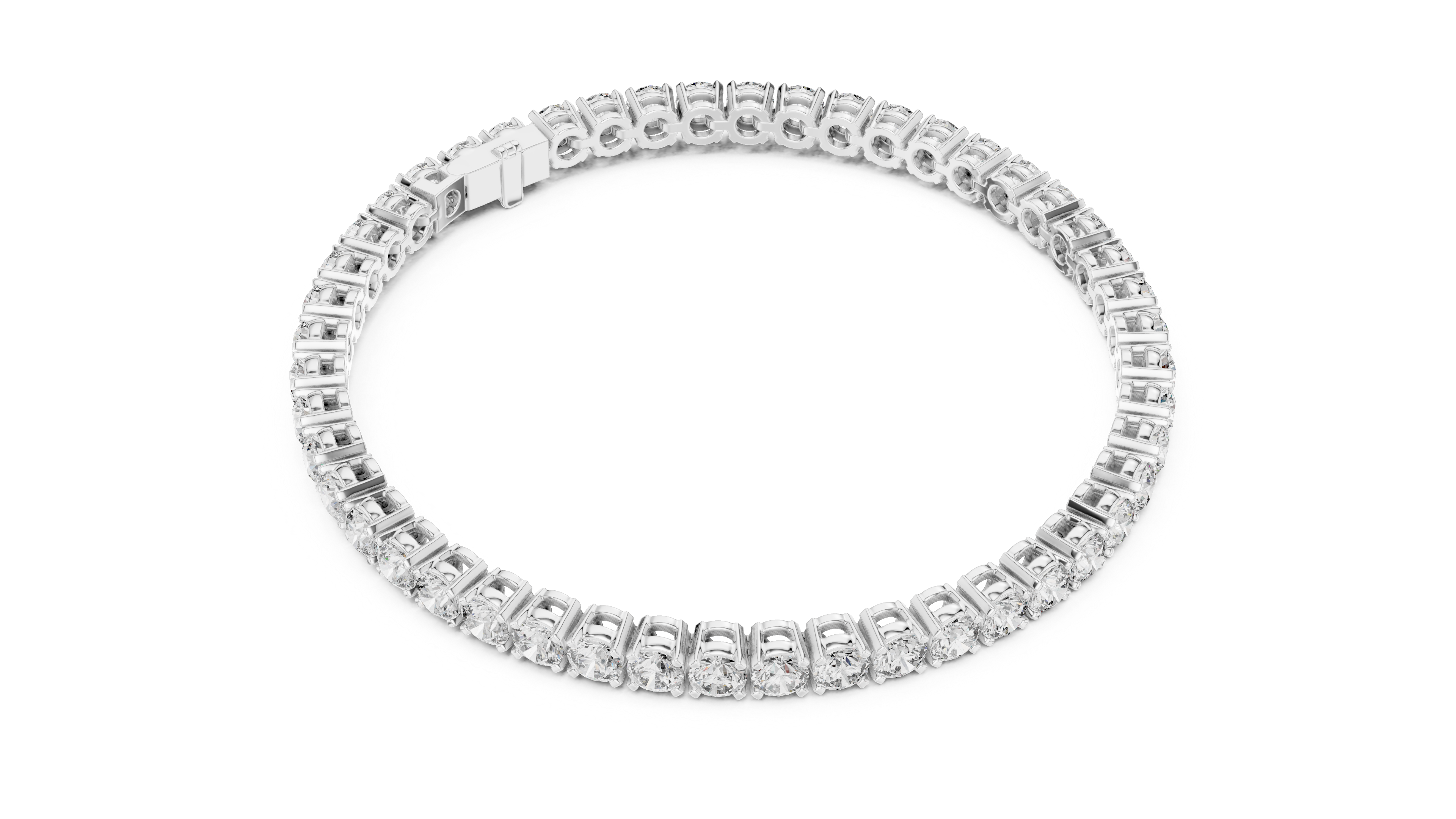 Two-row diamond tennis bracelet in white gold with round stones, edge view.