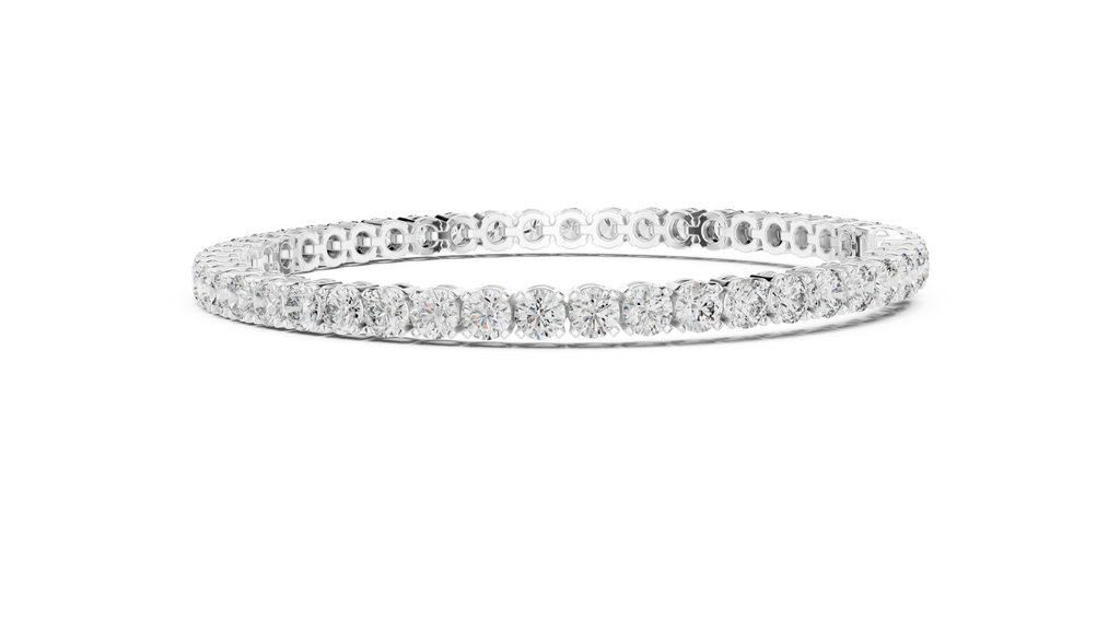 Two-row diamond tennis bracelet in white gold with round stones, angled side view.