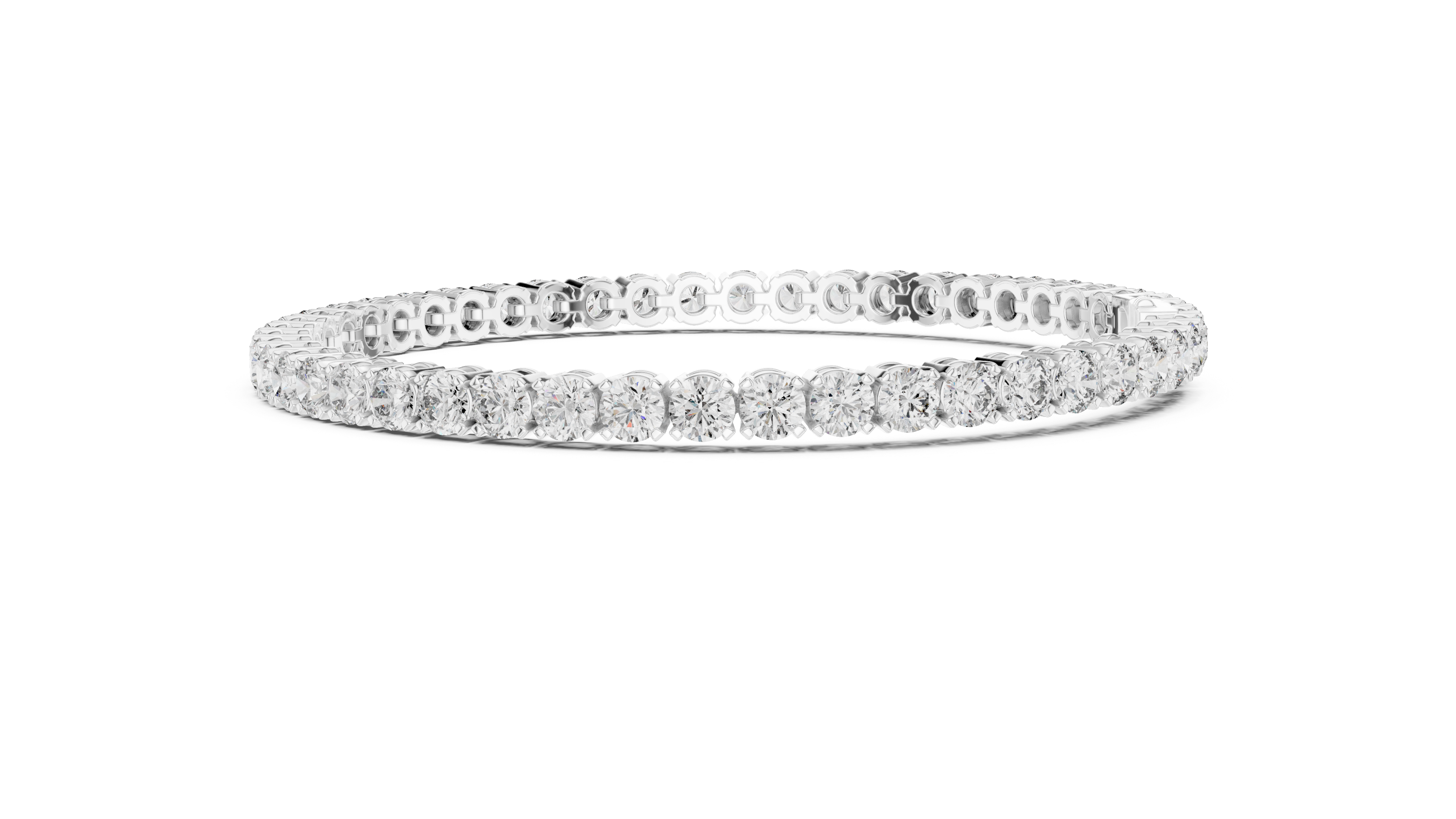 Two-row diamond tennis bracelet in white gold with round stones, angled side view.