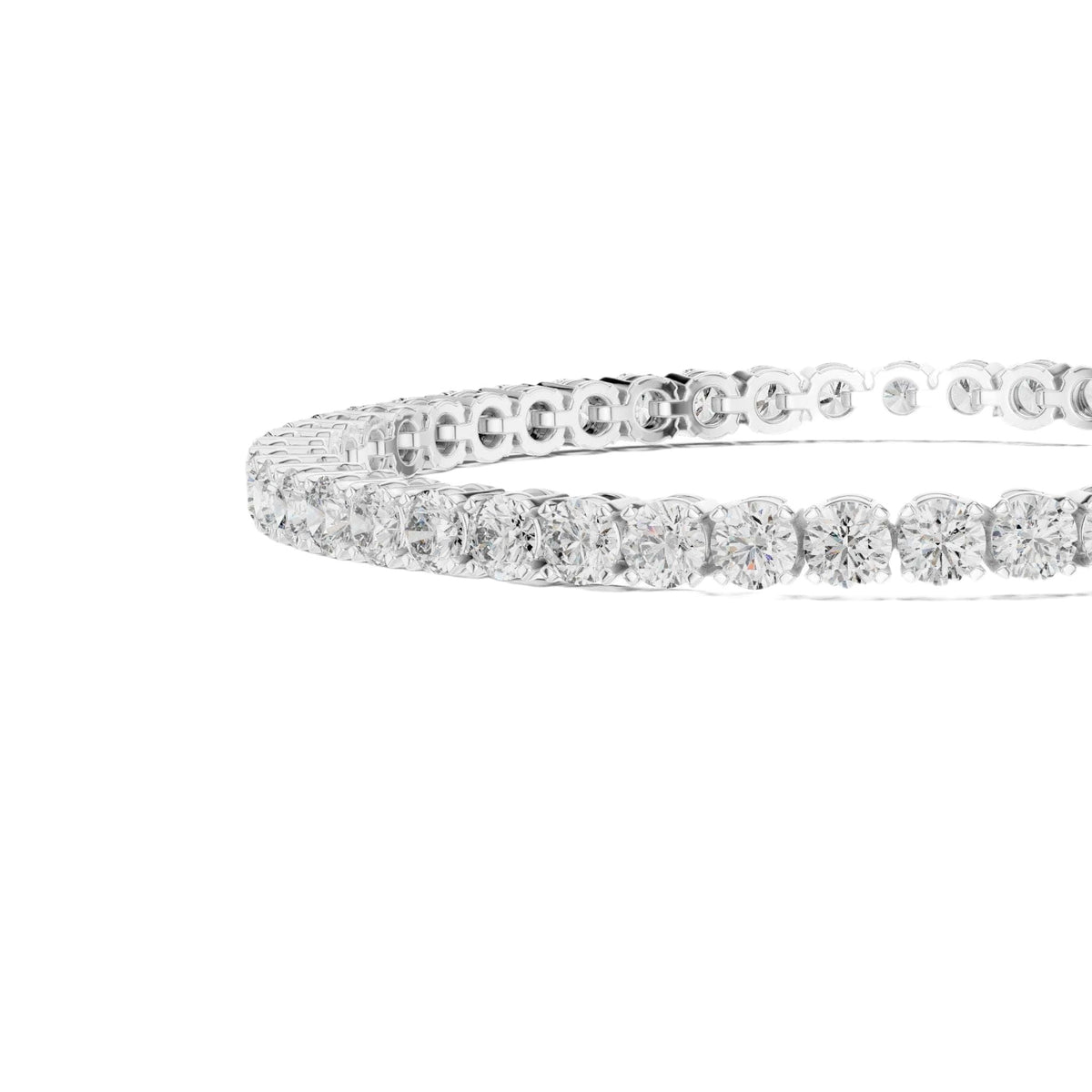 Diamond tennis bracelet with round diamonds, white metal, band view, subtle sparkle