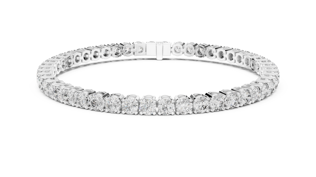 Diamond tennis bracelet in white gold with round pavé stones, hinged center clasp