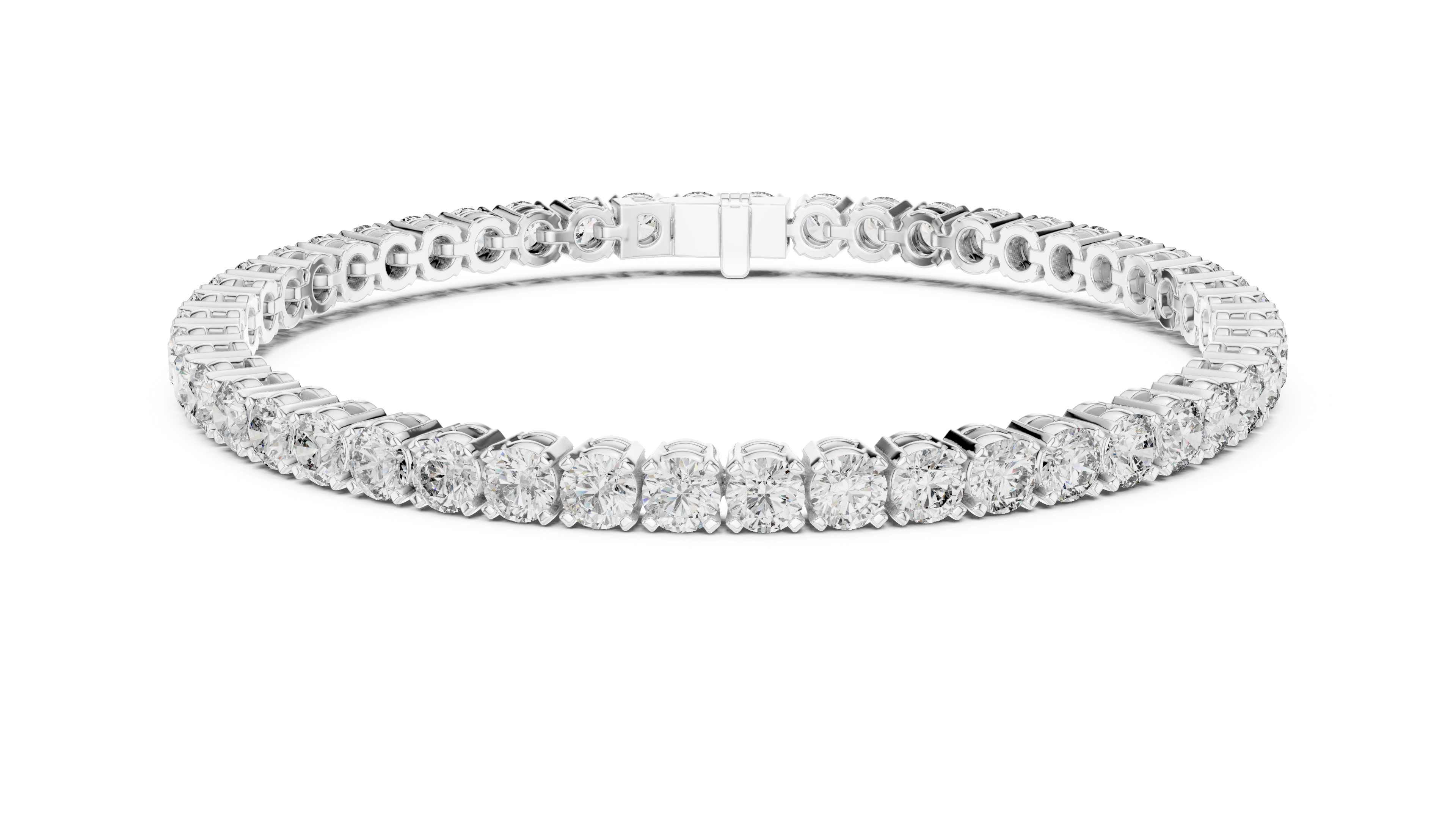 Diamond tennis bracelet in white gold with round pavé stones, hinged center clasp