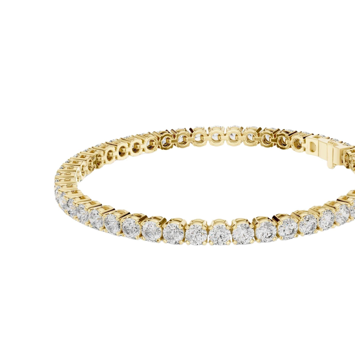 Diamond tennis bracelet with round diamonds, yellow gold metal, top view