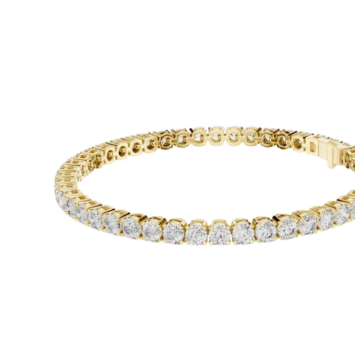 Diamond tennis bracelet with round diamonds, yellow gold metal, top view