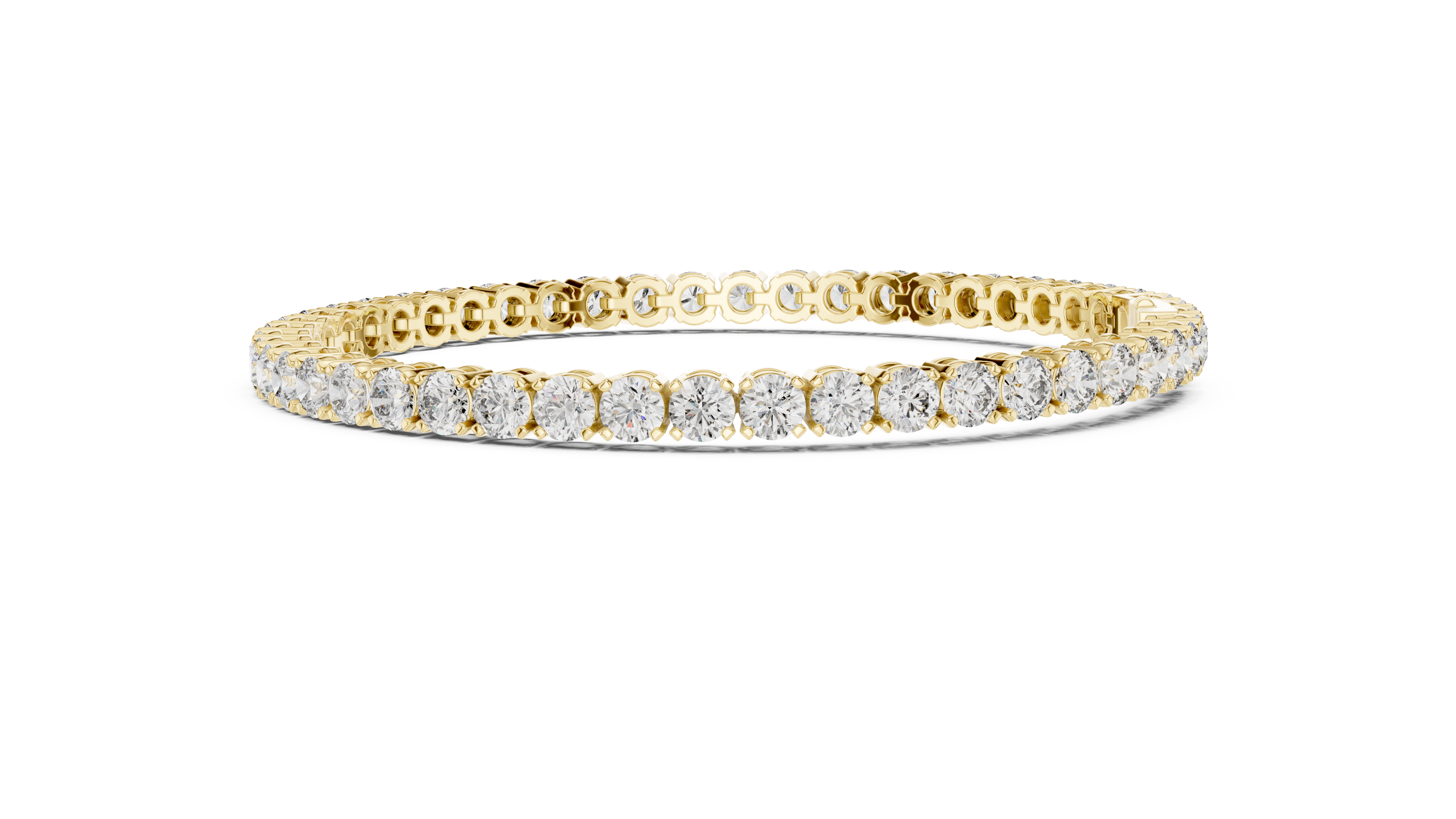 Diamond tennis bracelet with round diamonds, yellow gold metal, wide band view