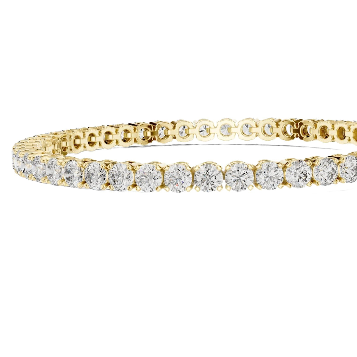 Diamond tennis bracelet with round diamonds, yellow gold metal, wide band view