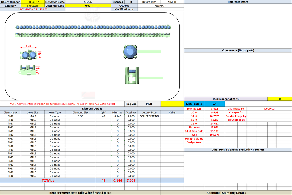 Diamond tennis bracelet design screenshot with diamond and prong layout diagram