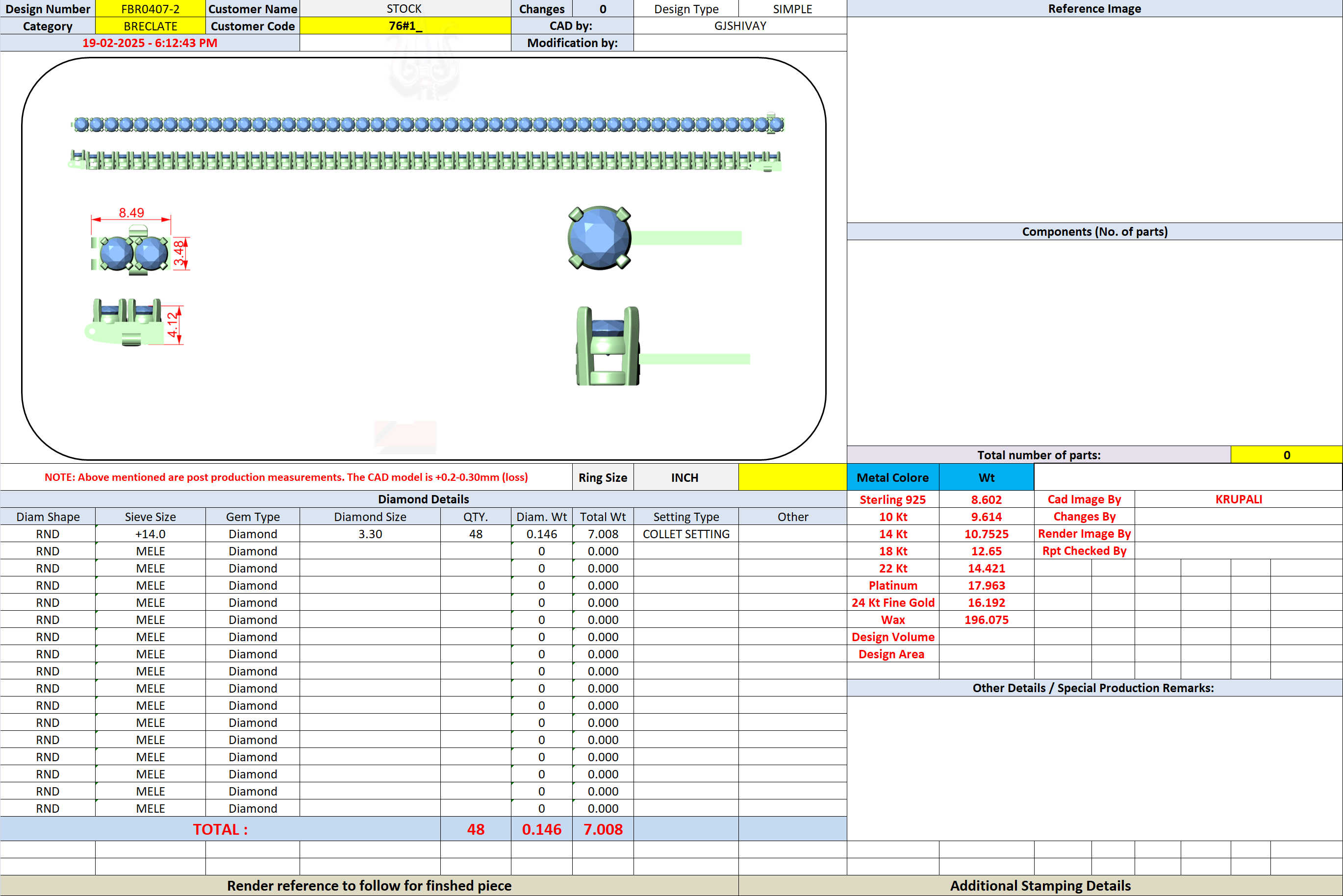 Diamond tennis bracelet design screenshot with diamond and prong layout diagram