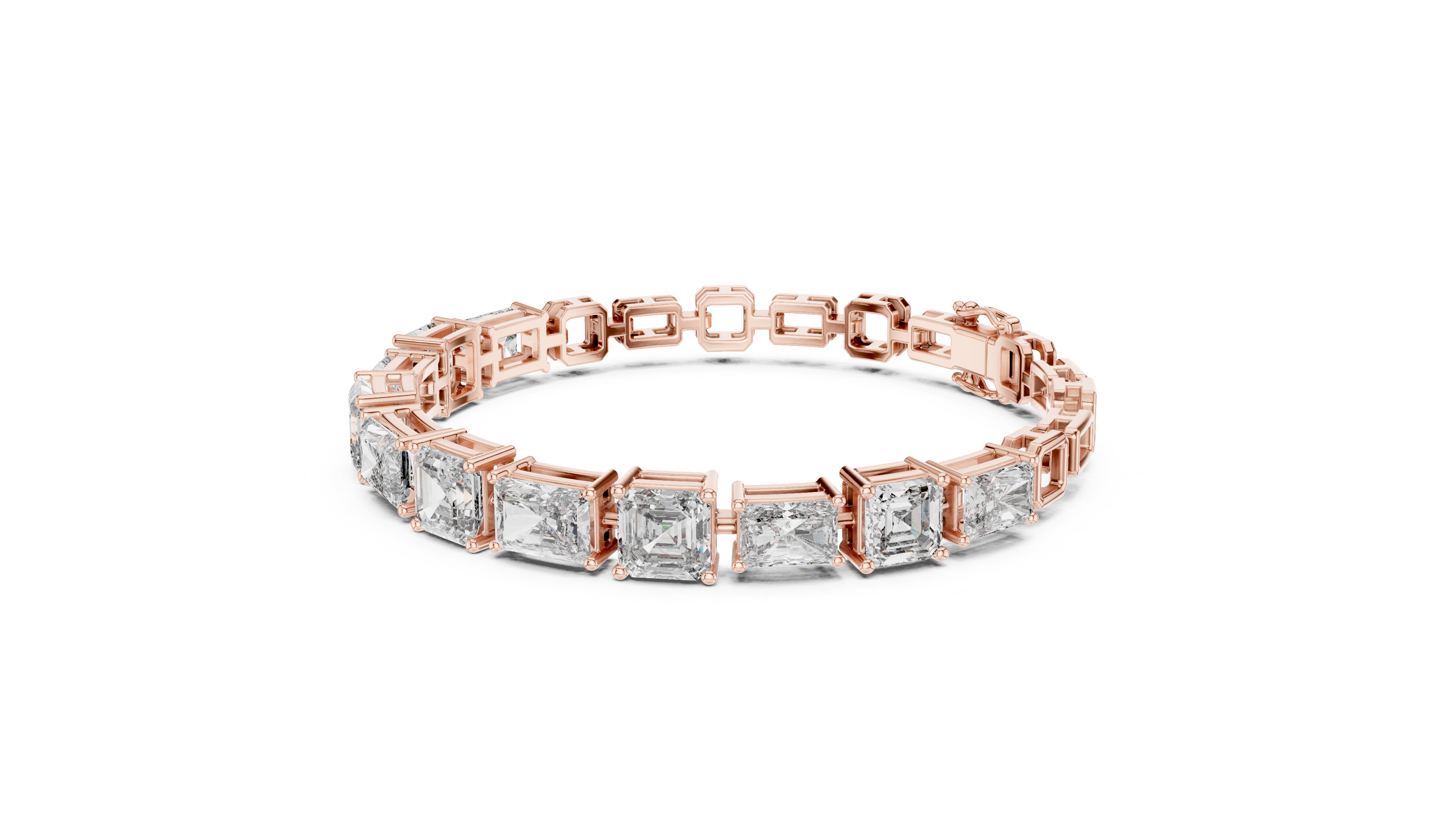 Rose gold diamond bracelet, radiant-cut stones in mixed-link bezel settings