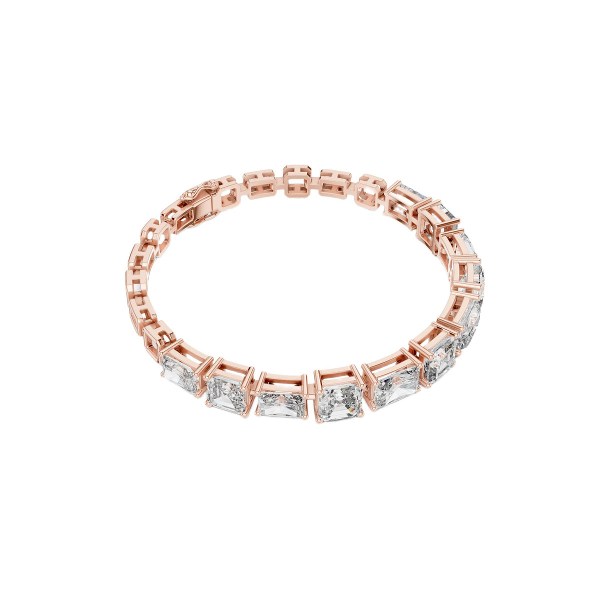 Rose gold diamond bracelet with open-circle view and radiant-cut mixed-link settings