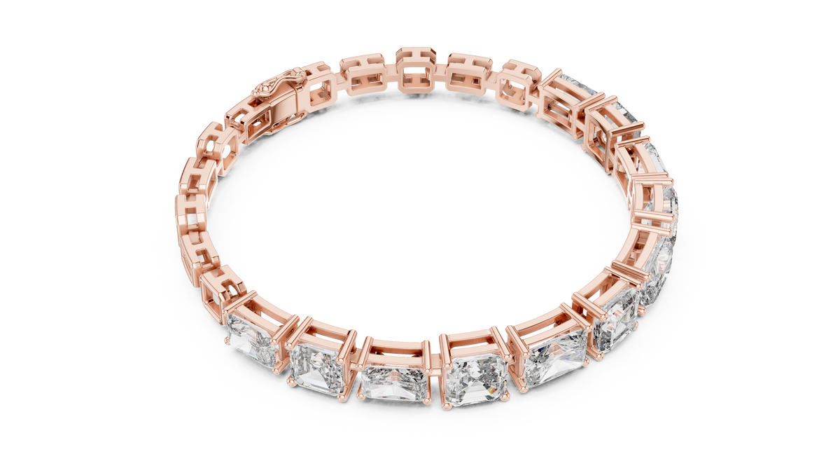 Rose gold diamond bracelet with open-circle view and radiant-cut mixed-link settings