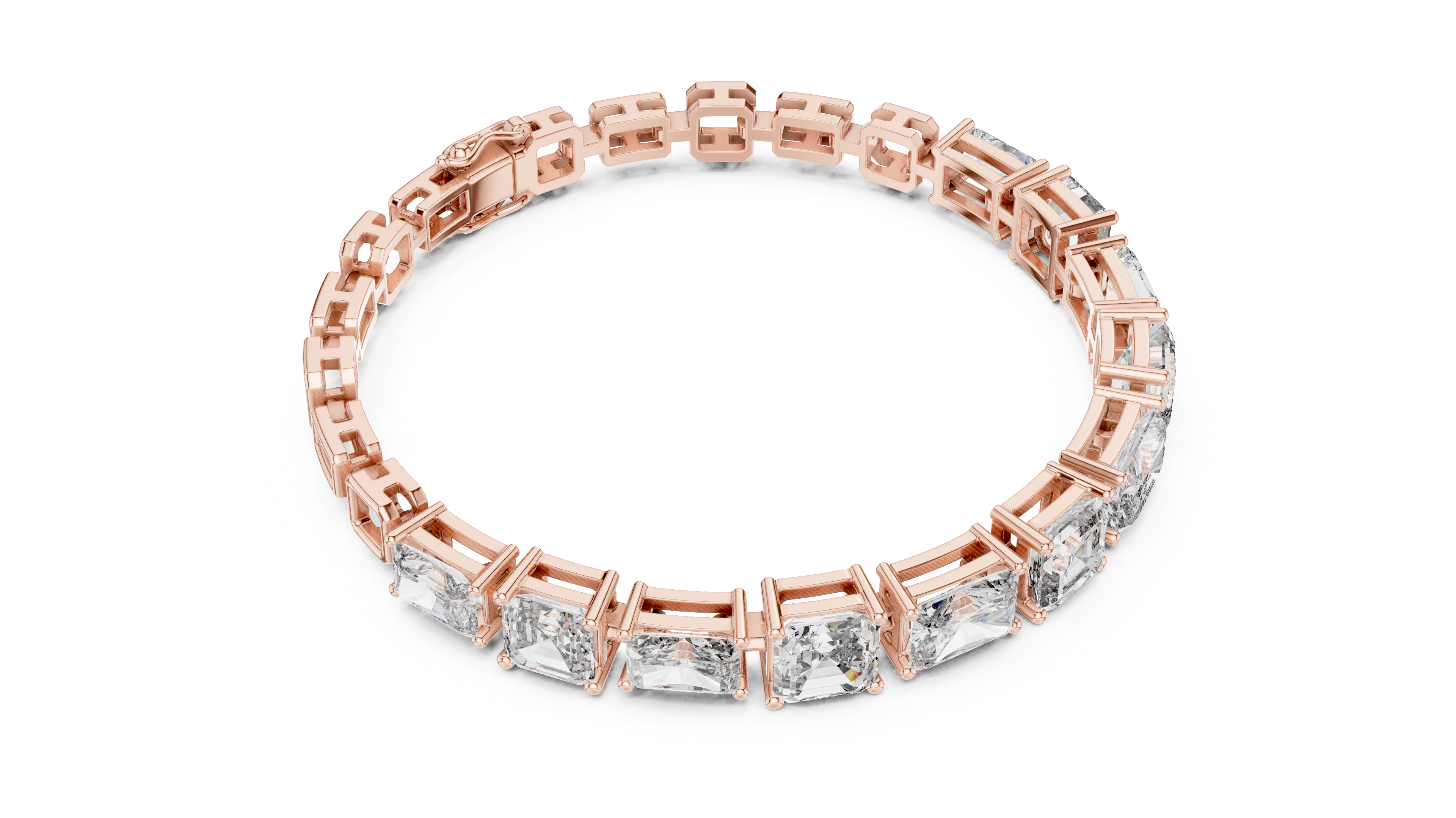 Rose gold diamond bracelet with open-circle view and radiant-cut mixed-link settings