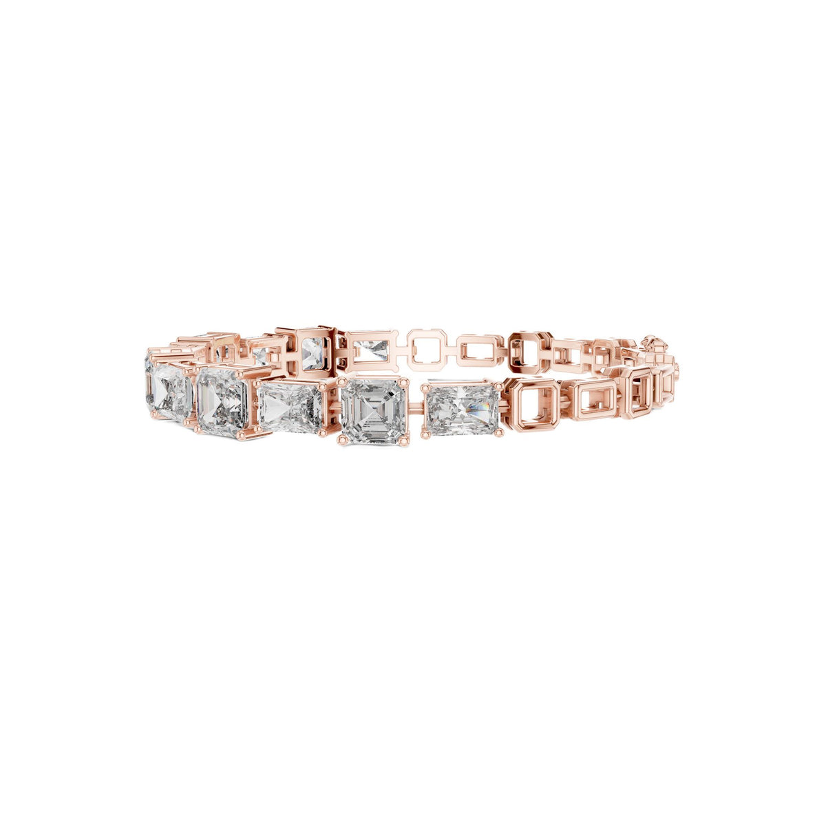 Rose gold diamond bracelet side profile with radiant-cut mixed-link bezel settings