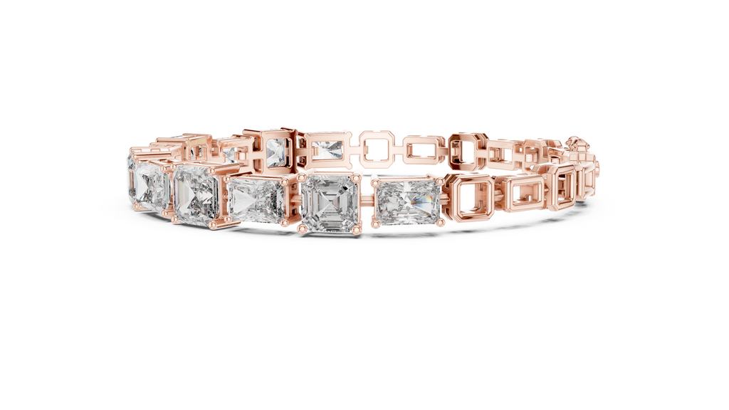 Rose gold diamond bracelet side profile with radiant-cut mixed-link bezel settings